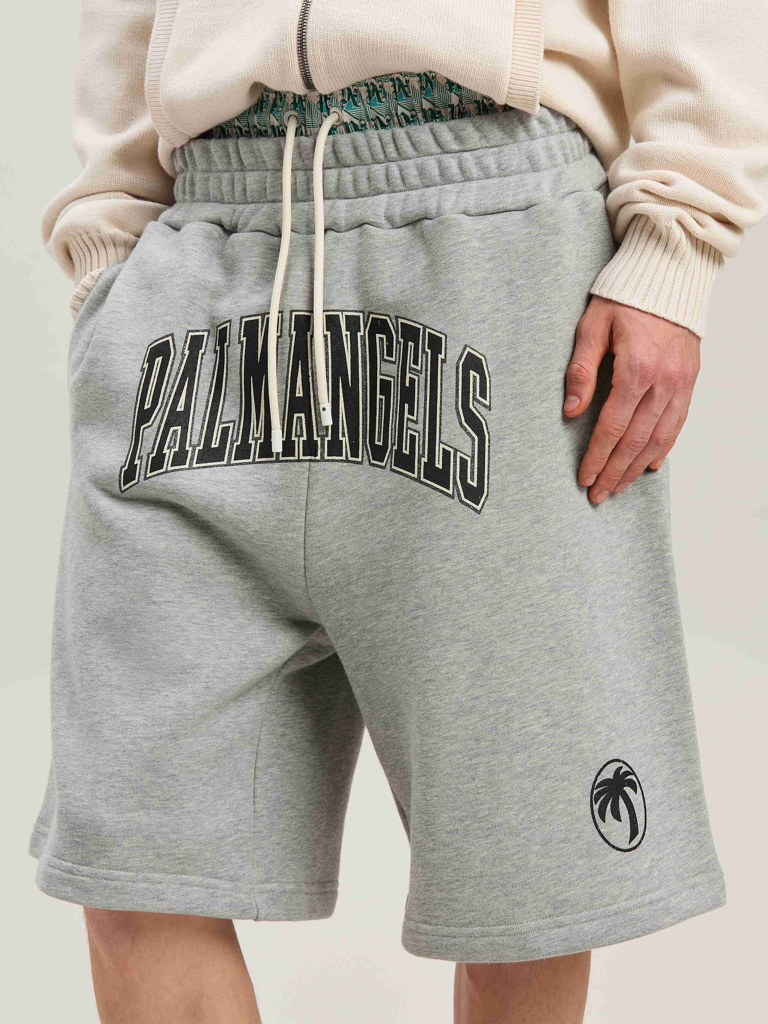 PALM ANGELS  College Oval Palm Shorts GREY MELANGE - BLACK PMCI028S25FLE001