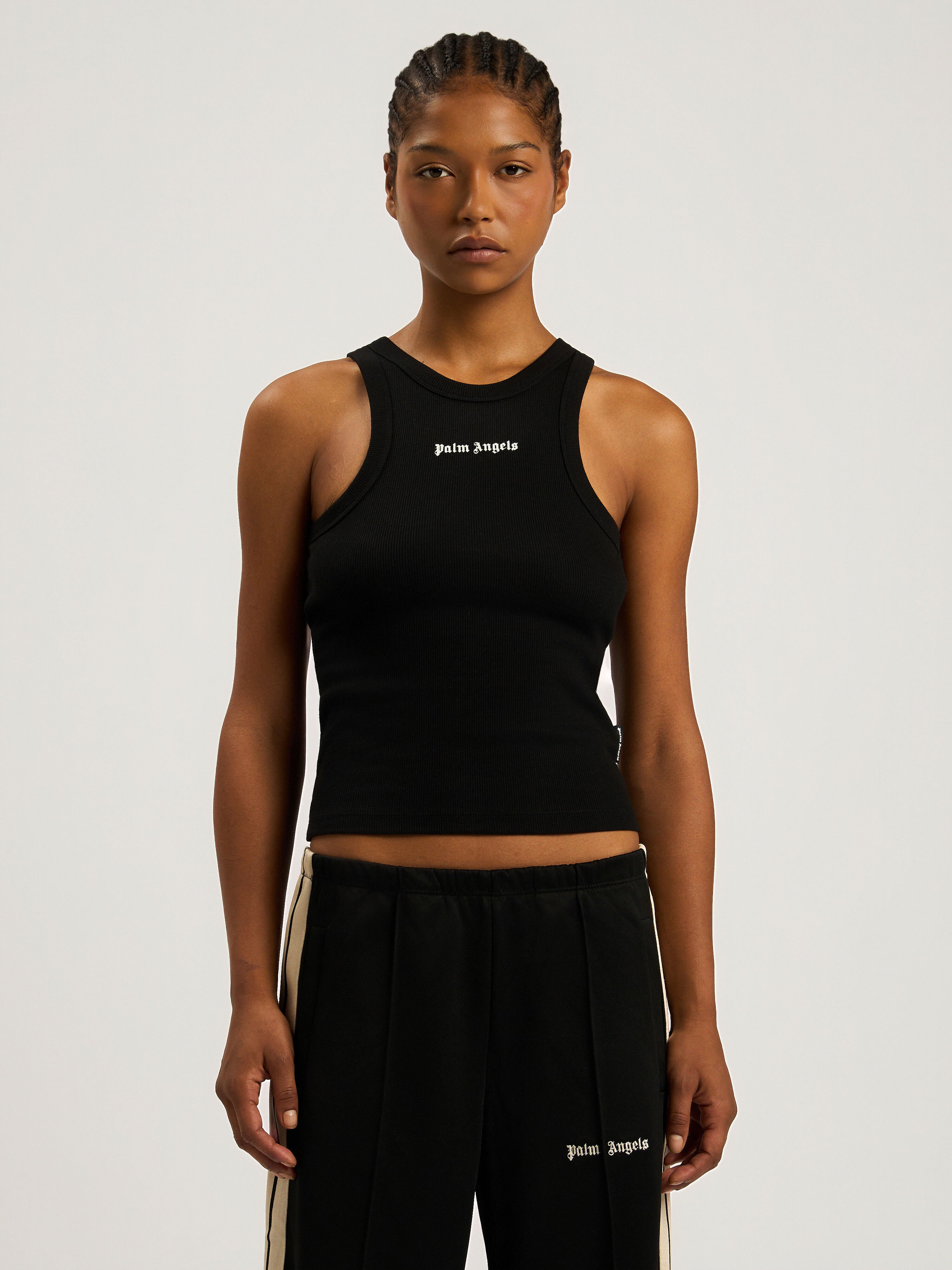PALM ANGELS Classic Logo Fitted Tank Top BLACK - OFF WHITE PAWAC04F26JR01