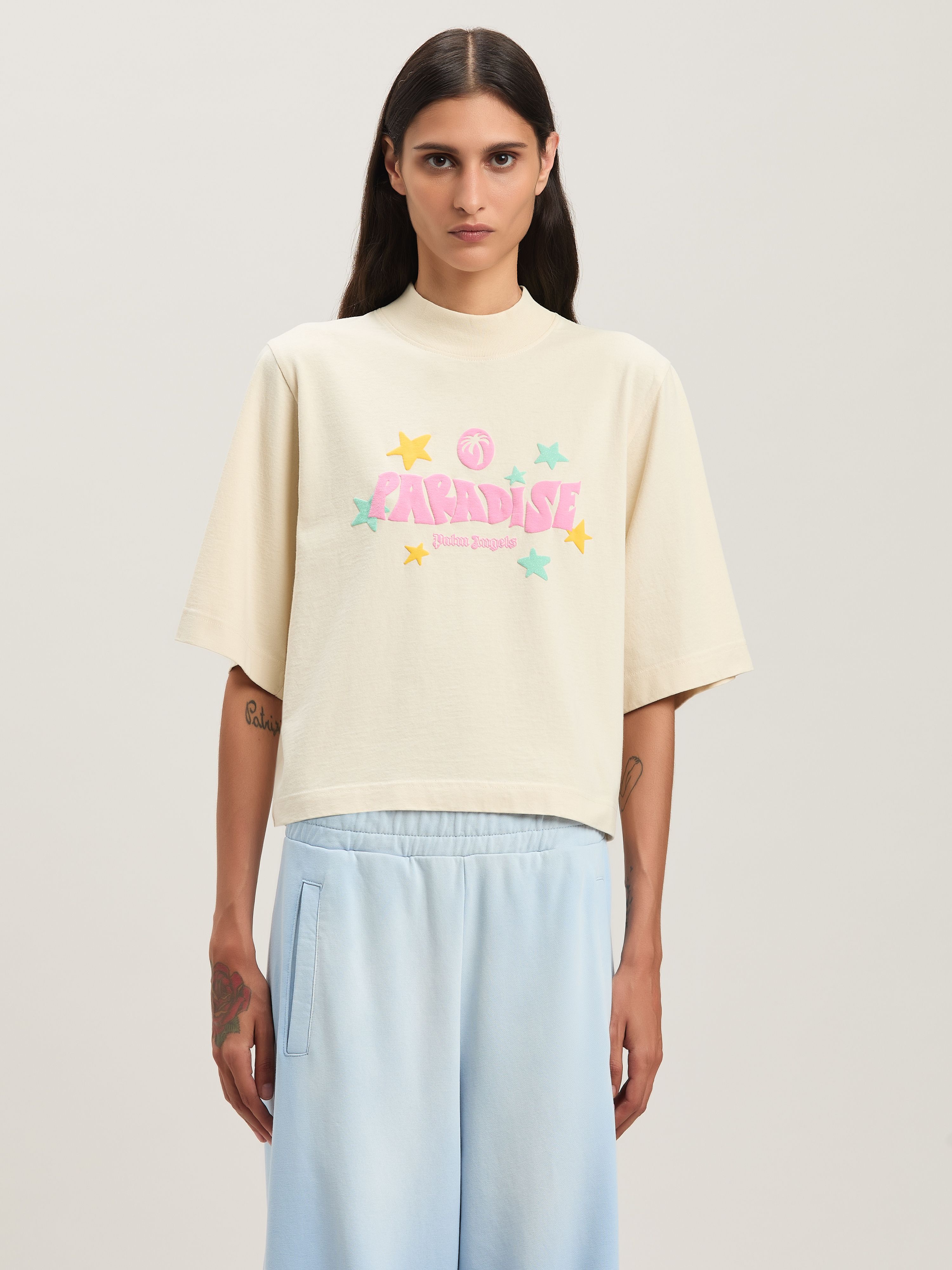 PALM ANGELS  Paradise cropped T-shirt IVORY - PINK PWAA020S25JER001