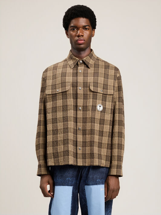 PALM ANGELS Tree Logo Check Loose Overshirt BROWN OFF WHITE PMES024S26FAB002