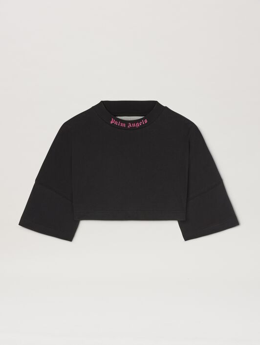 PALM ANGELS  Oversize T-Shirt mit geschwungenem Logo BLACK - FUCHSIA PWAA054S25JER001