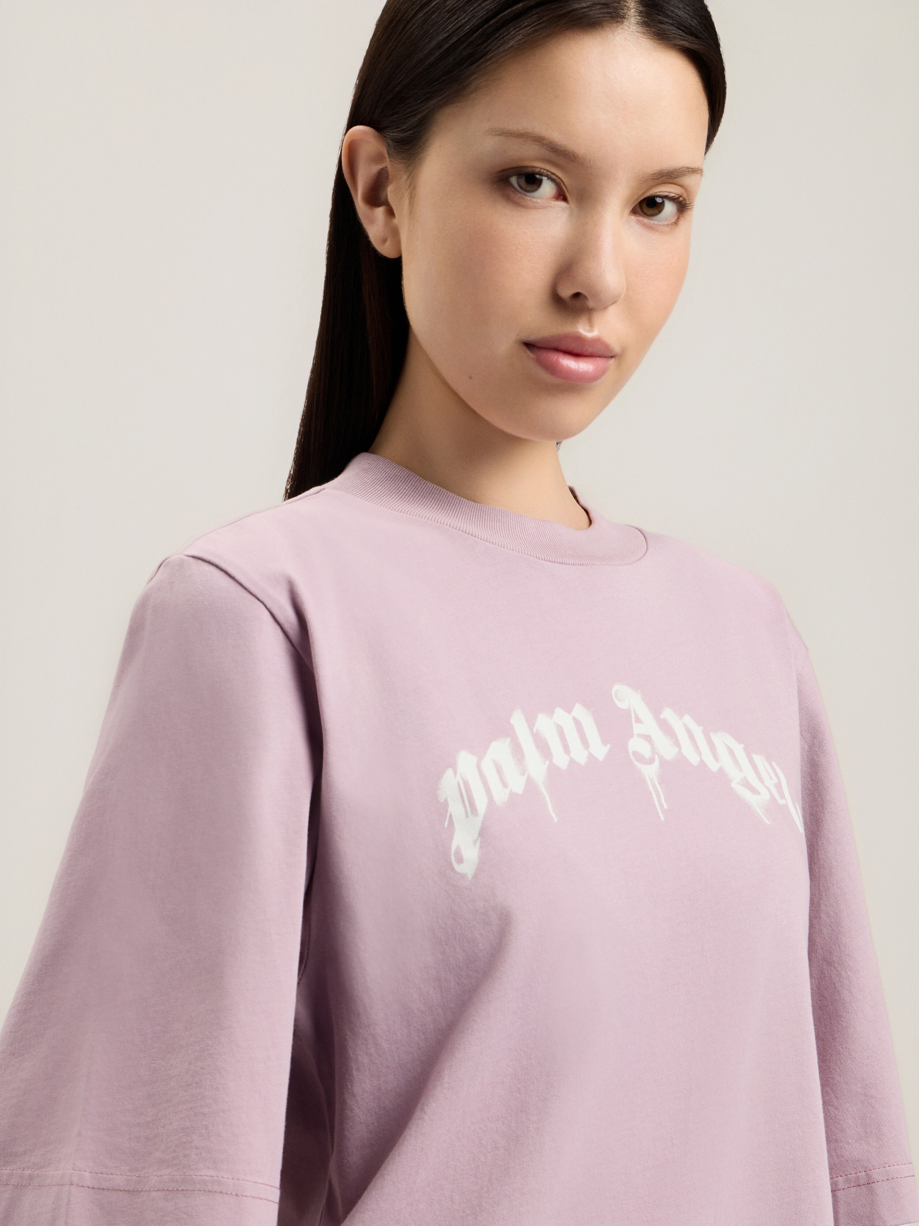 PALM ANGELS Curved Logo Boxy T-Shirt LILAC OFF WHITE PWAA079S26JER004