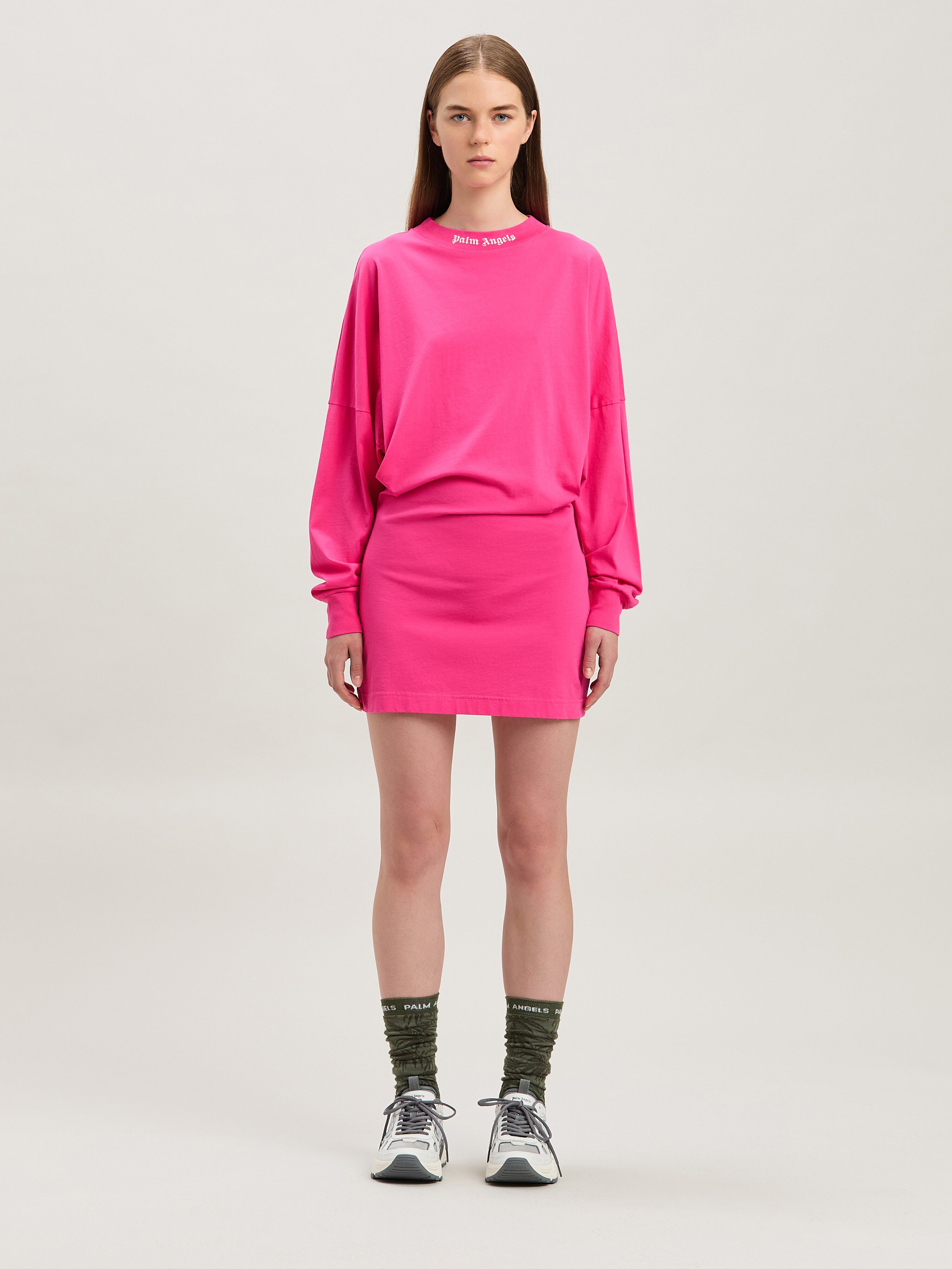 PALM ANGELS  Curved logo long sleeves T-shirt FUCHSIA - SOFT PINK PWDH007S25JER001