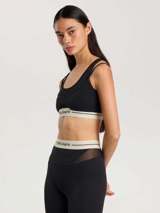 Logo Mesh Layer Sports Bra PALM ANGELS Logo Mesh Layer Sports Bra BLACK - CREAM PAWVO02F26FB01