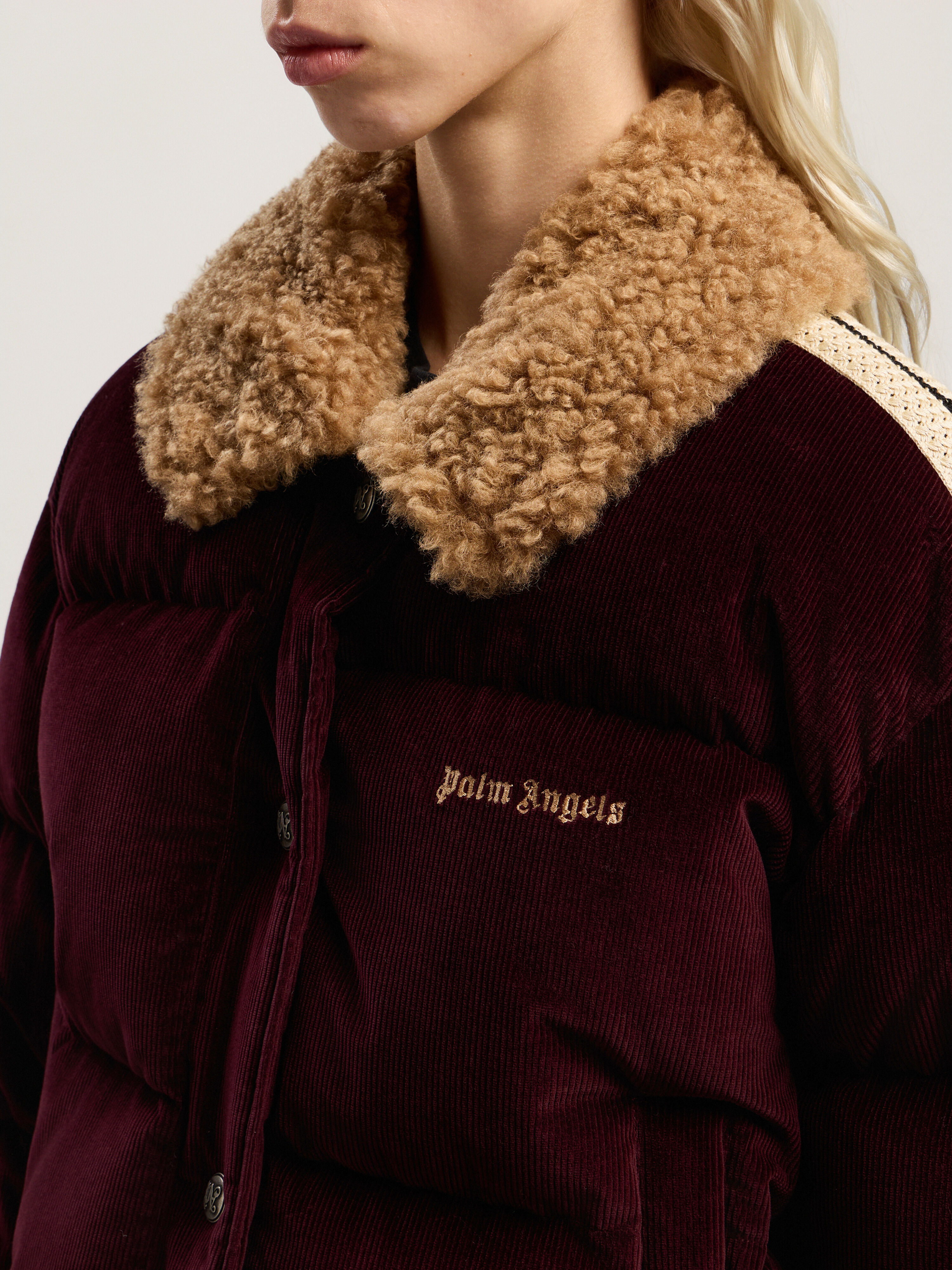PALM ANGELS Classic Logo Cord Down Jacket BURGUNDY - BROWN PWED029F25FAB001