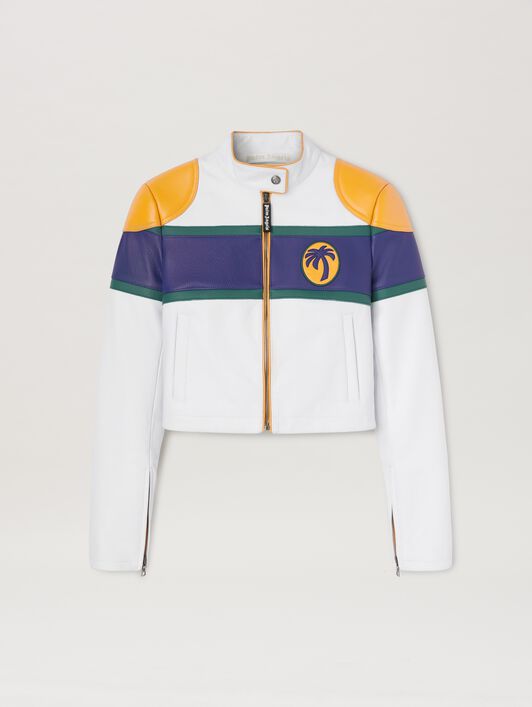 PALM ANGELS  Racing leather jacket OFF WHITE - BLUE PWJG019S25LEA001