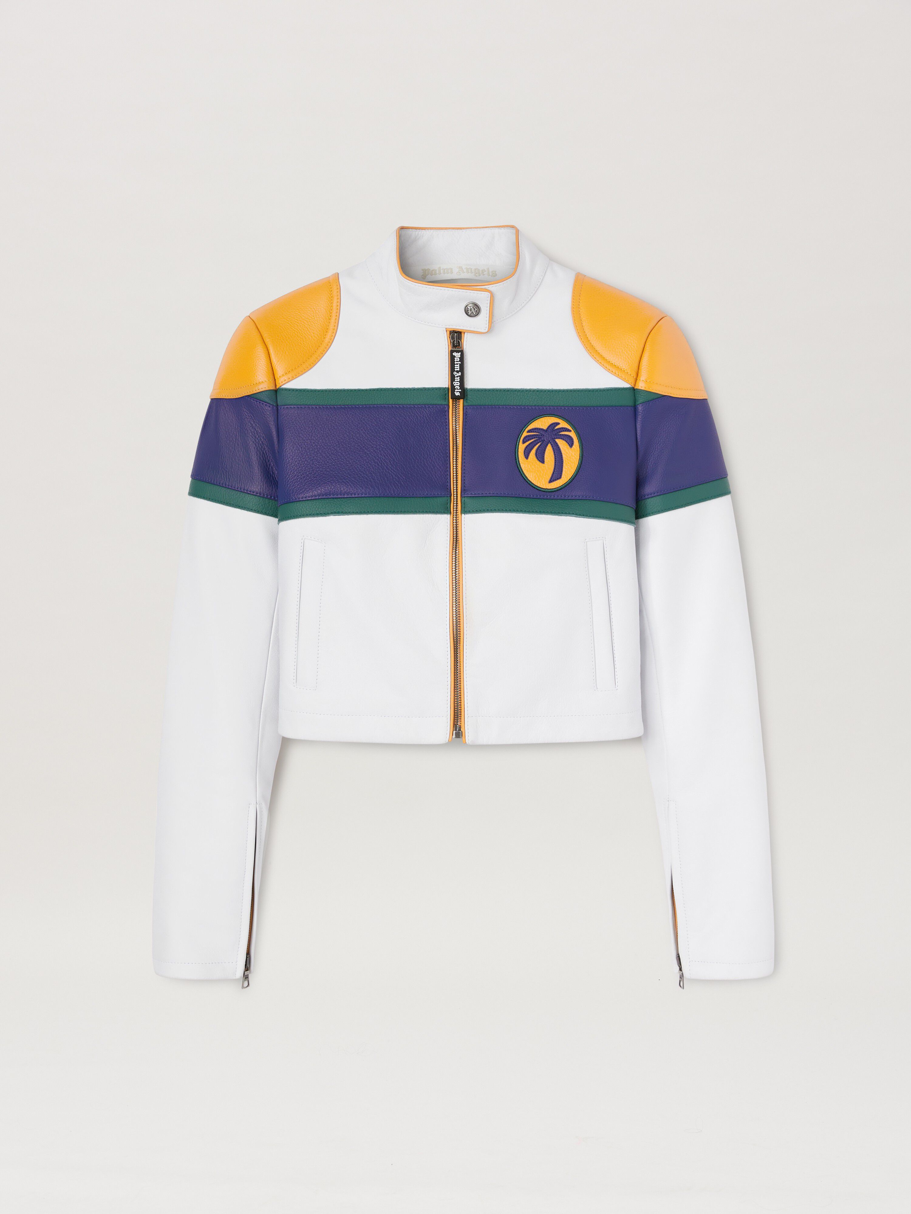PALM ANGELS  Racing leather jacket OFF WHITE - BLUE PWJG019S25LEA001