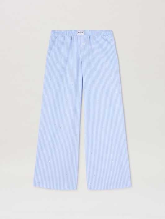 PALM ANGELS  Rheinstone striped wide pants DUSTY BLUE - WHITE PGCA021S25FAB001