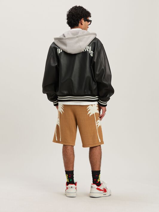 PALM ANGELS  Leder-Bomberjacke mit geschwungenem Logo BLACK - OFF WHITE PMJA043S25LEA001