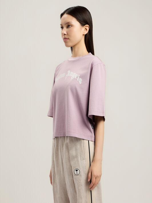 PALM ANGELS Curved Logo Boxy T-Shirt LILAC OFF WHITE PWAA079S26JER004