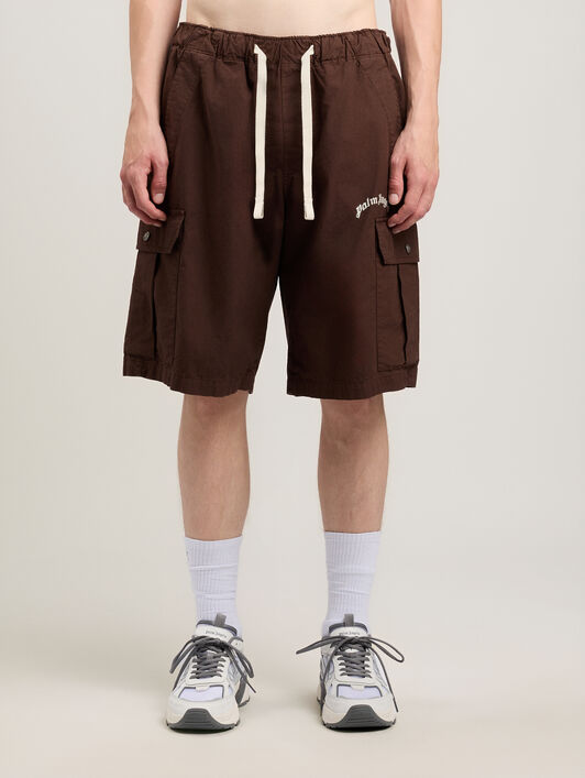PALM ANGELS Curved Logo Loose Cargo Shorts BROWN OFF WHITE PMCS012S26FAB002