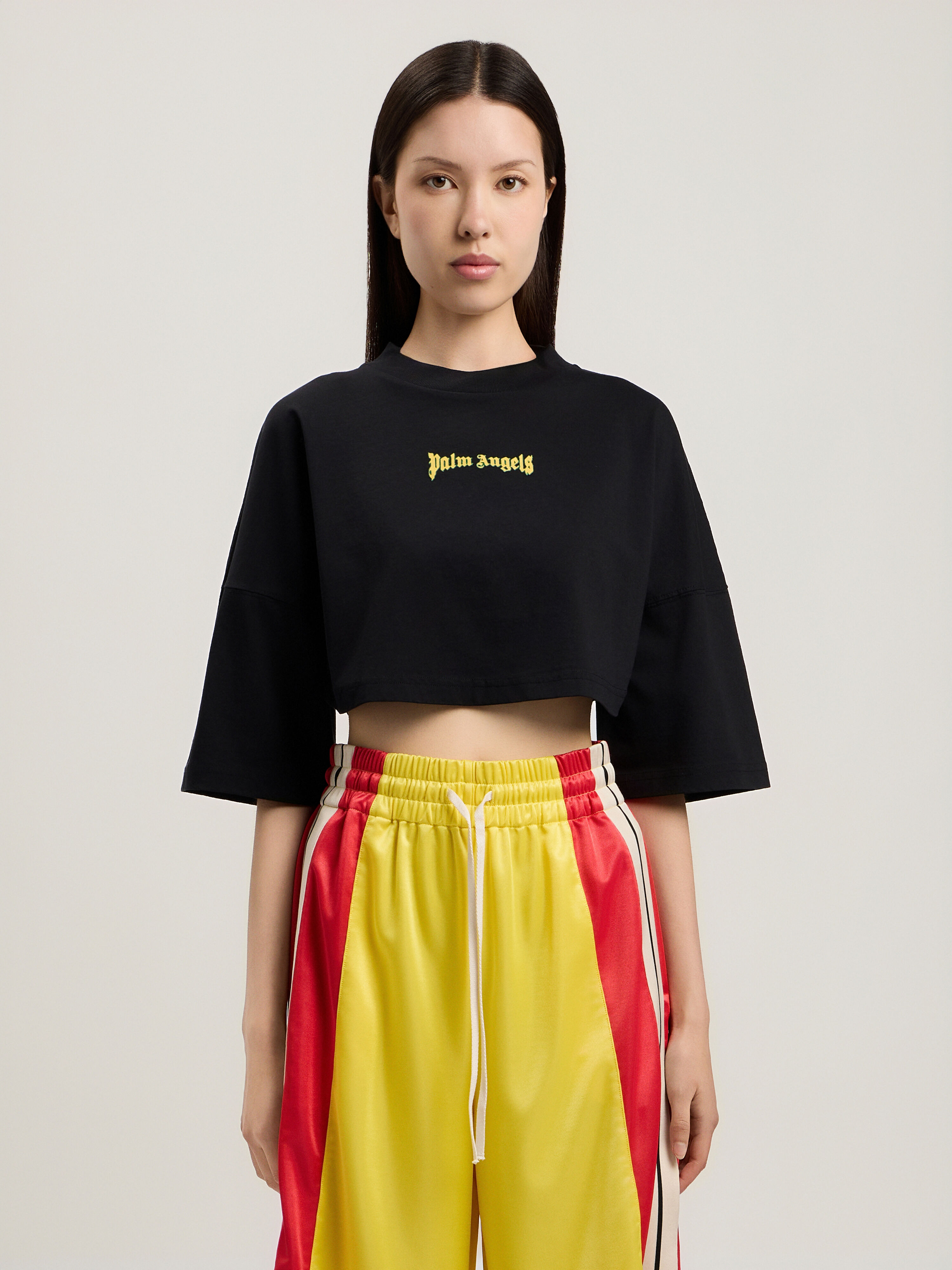 PALM ANGELS Outline Logo Mini T-Shirt BLACK YELLOW PWAA054S26JER003