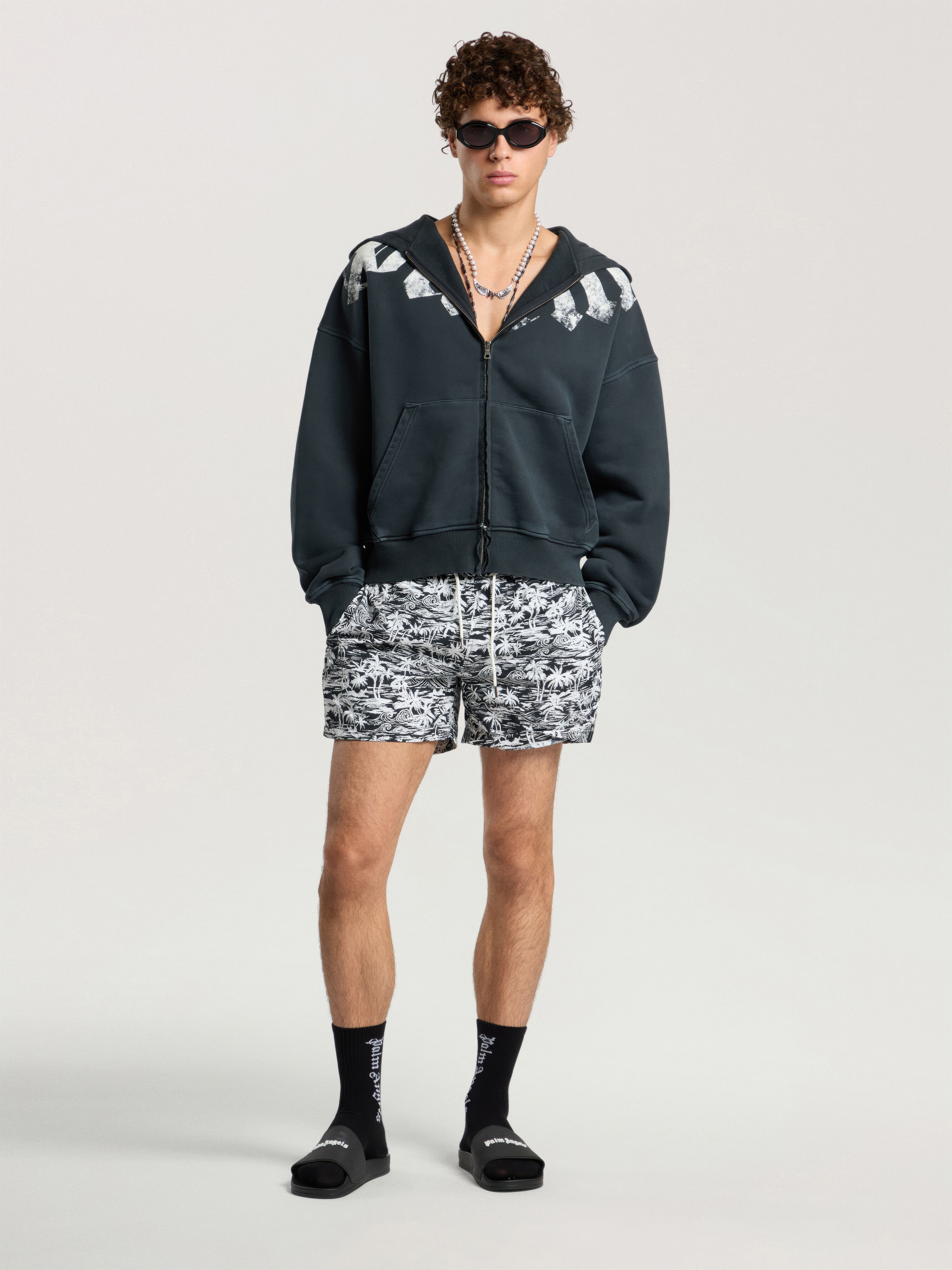 PALM ANGELS Big Neck Logo Zip Loose Hoodie BLACK - OFF WHITE PAMBE02F26FL01