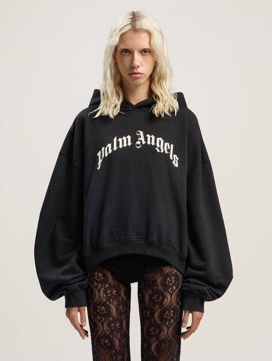 PALM ANGELS Curved Logo Track Crop Hoody BLACK - OFF WHITE PWBB076F25FLE006
