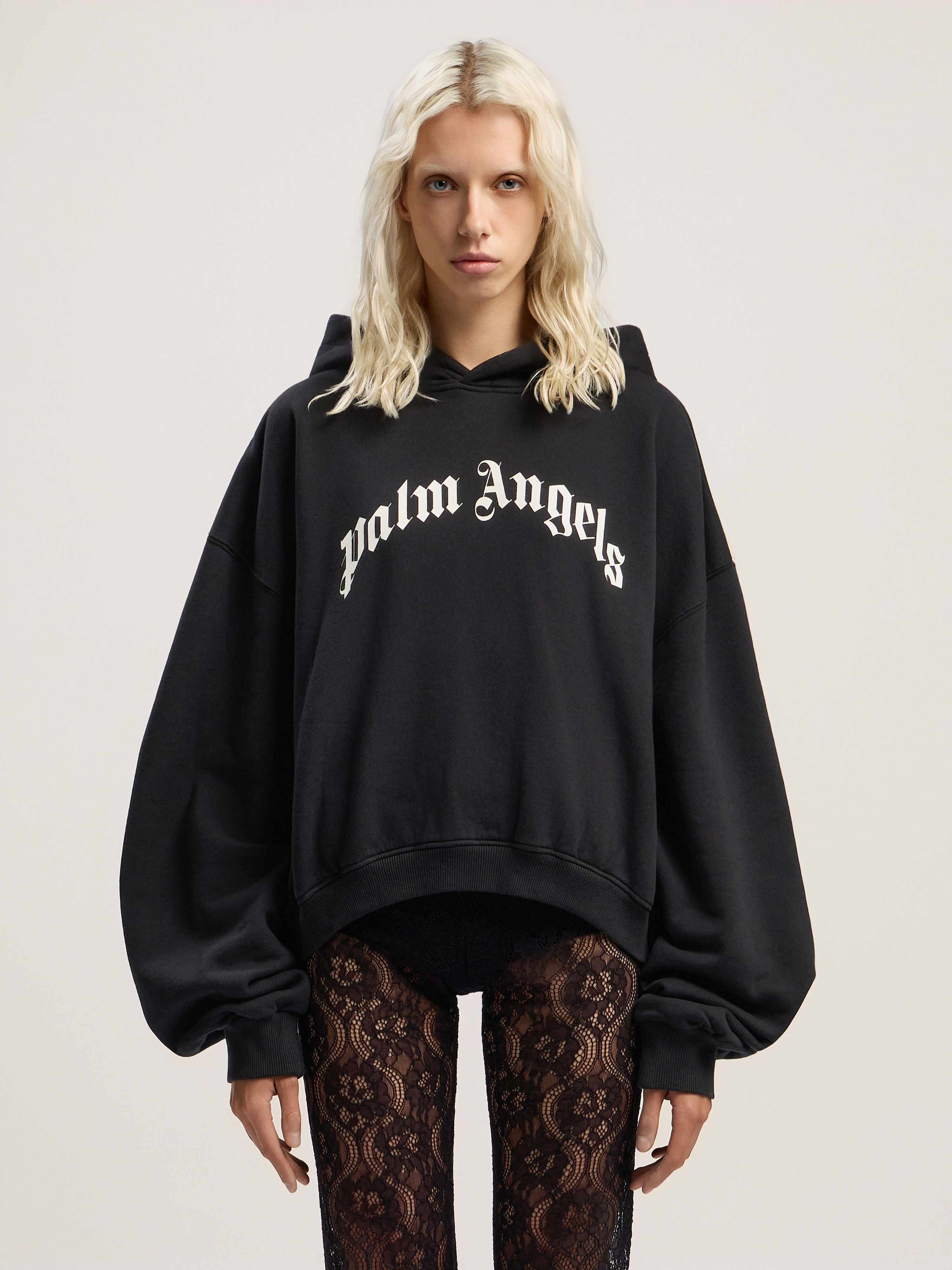 PALM ANGELS Curved Logo Track Crop Hoody BLACK - OFF WHITE PWBB076F25FLE006