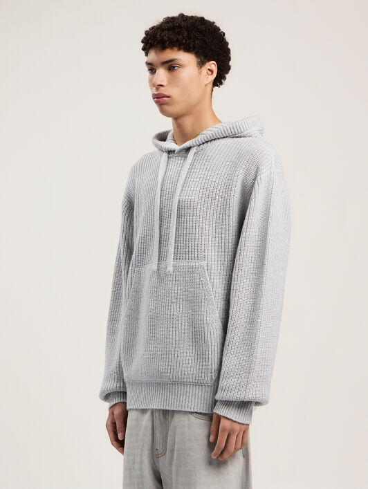 PALM ANGELS Curved Logo Rib Knit Hoodie GREY MELANGE - OFF WHITE PMHU025F25KNI001