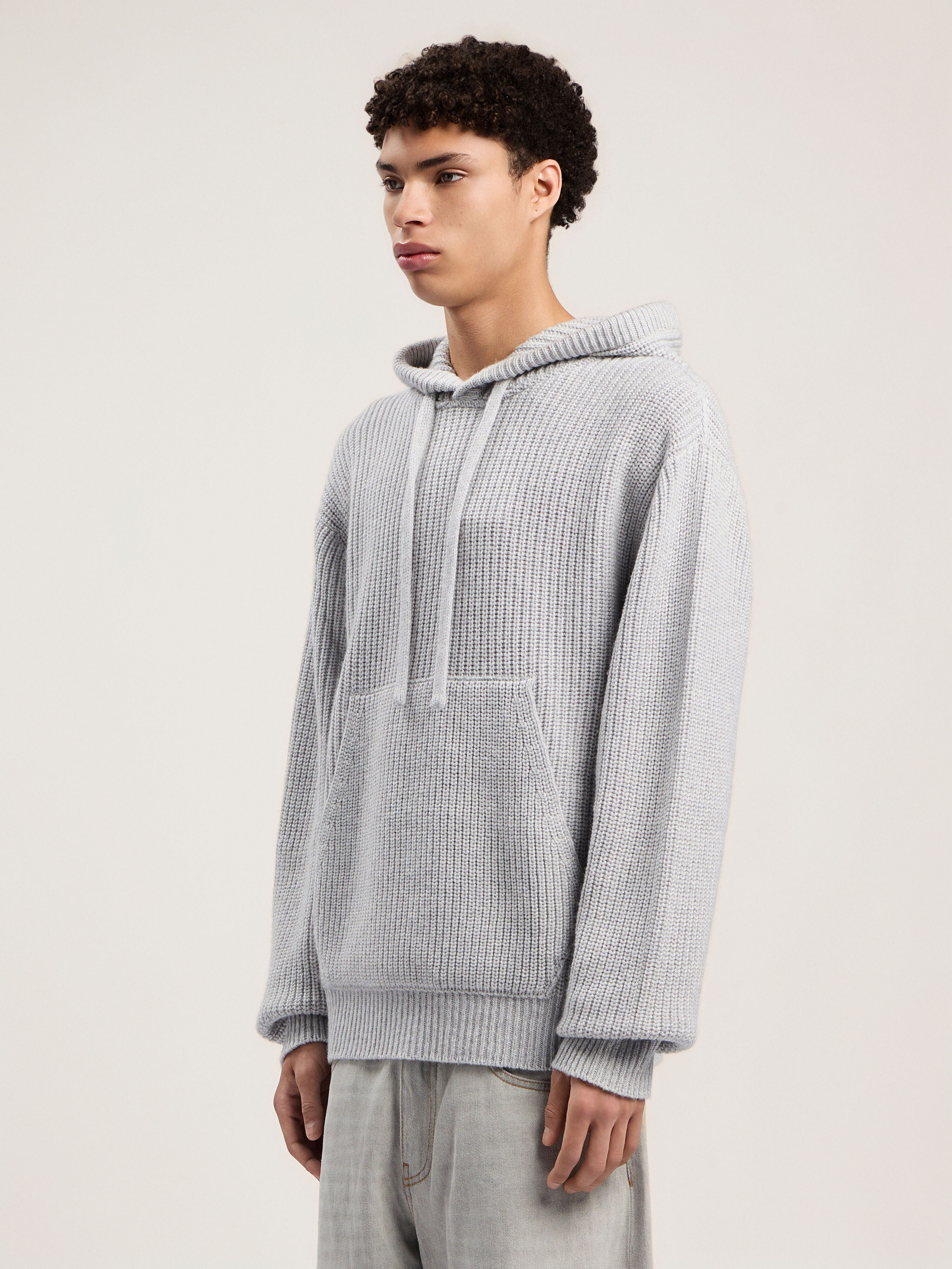 PALM ANGELS Curved Logo Rib Knit Hoodie GREY MELANGE - OFF WHITE PMHU025F25KNI001
