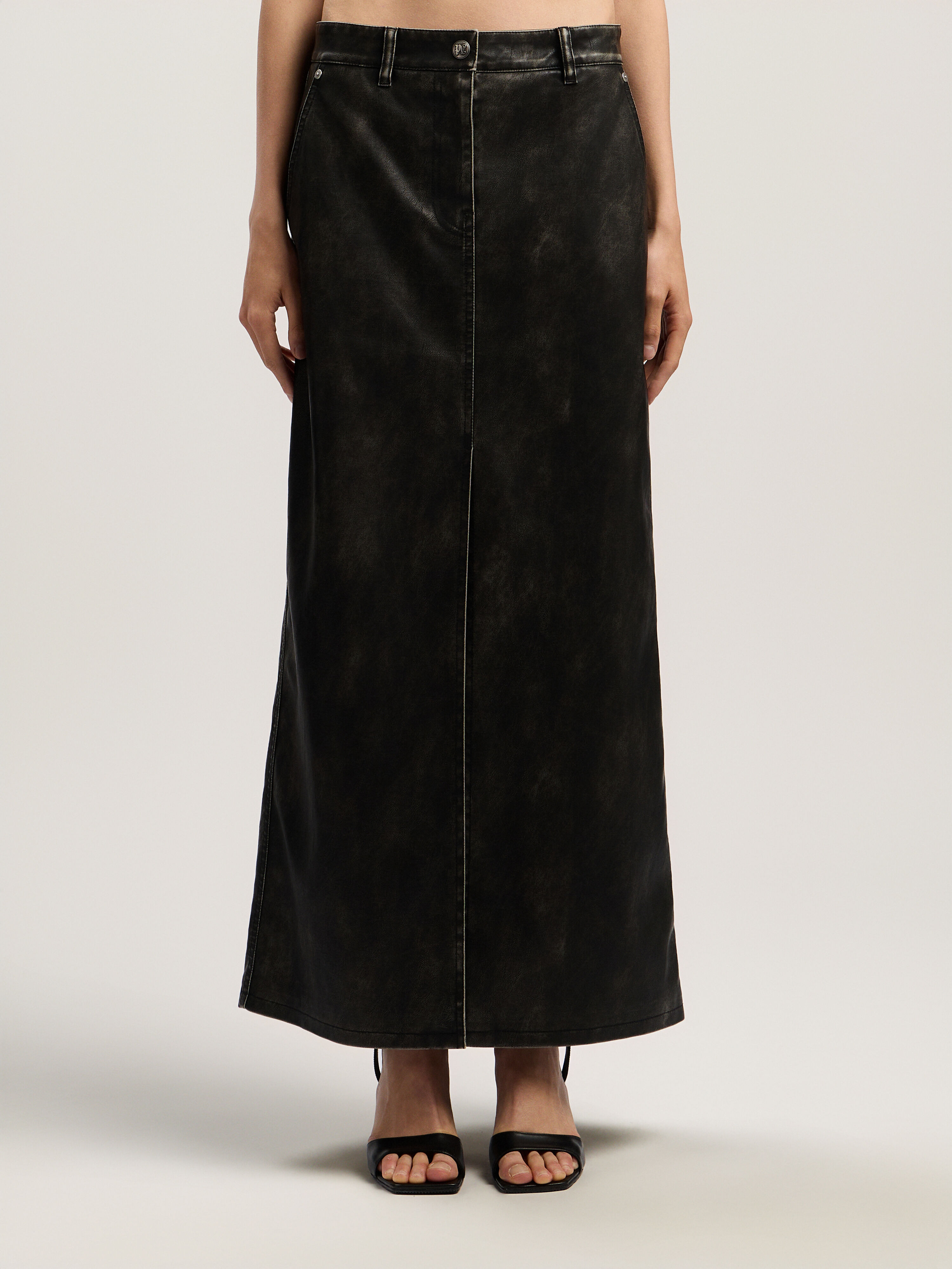 PALM ANGELS Curved Logo Coated Long Skirt DARK GREY - BLACK PWJC014F25FAB001