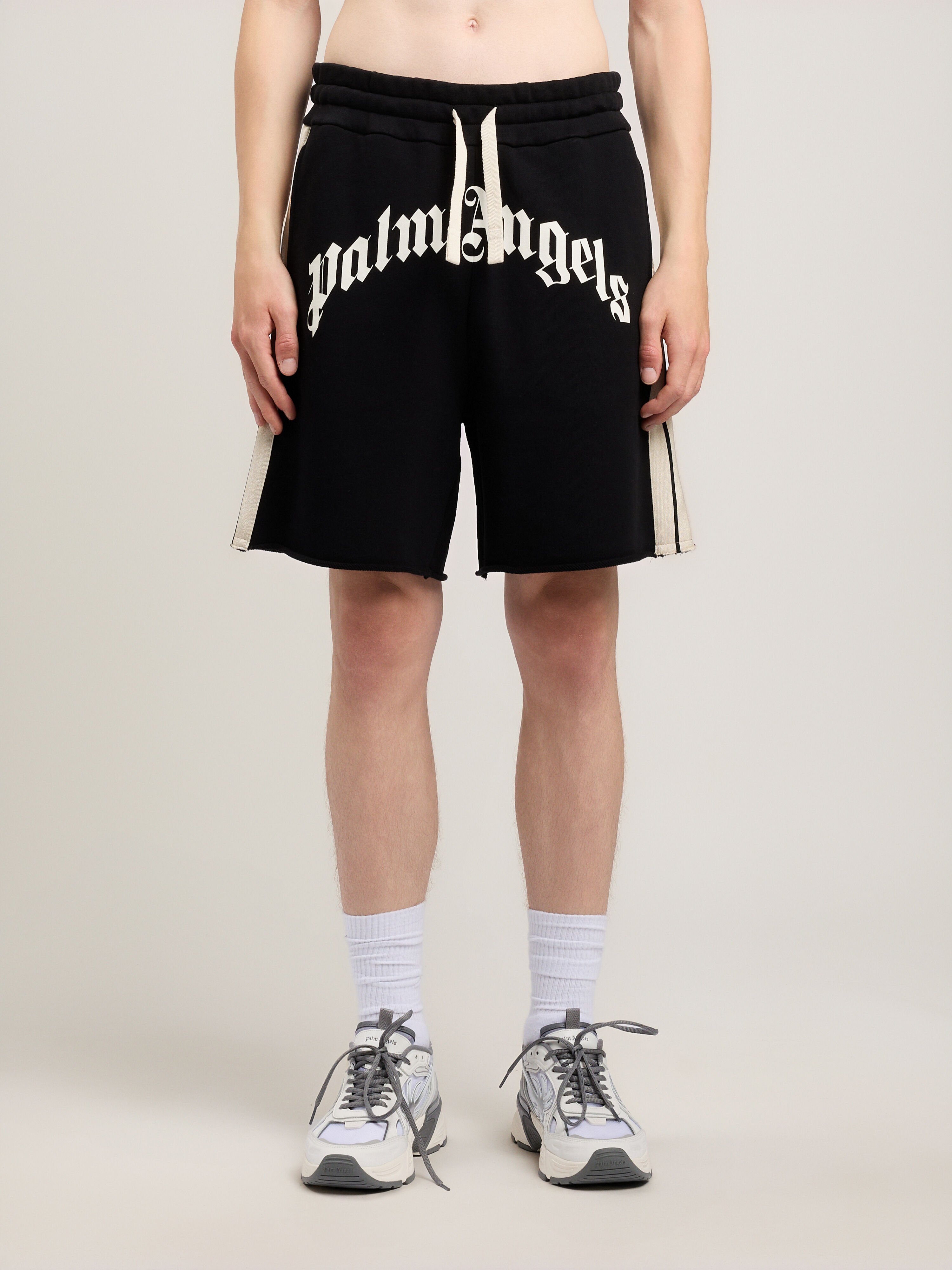Curved Logo Track Sweatshorts PALM ANGELS Curved Logo Track Sweatshorts BLACK OFF WHITE PMCI02DS26FLE001