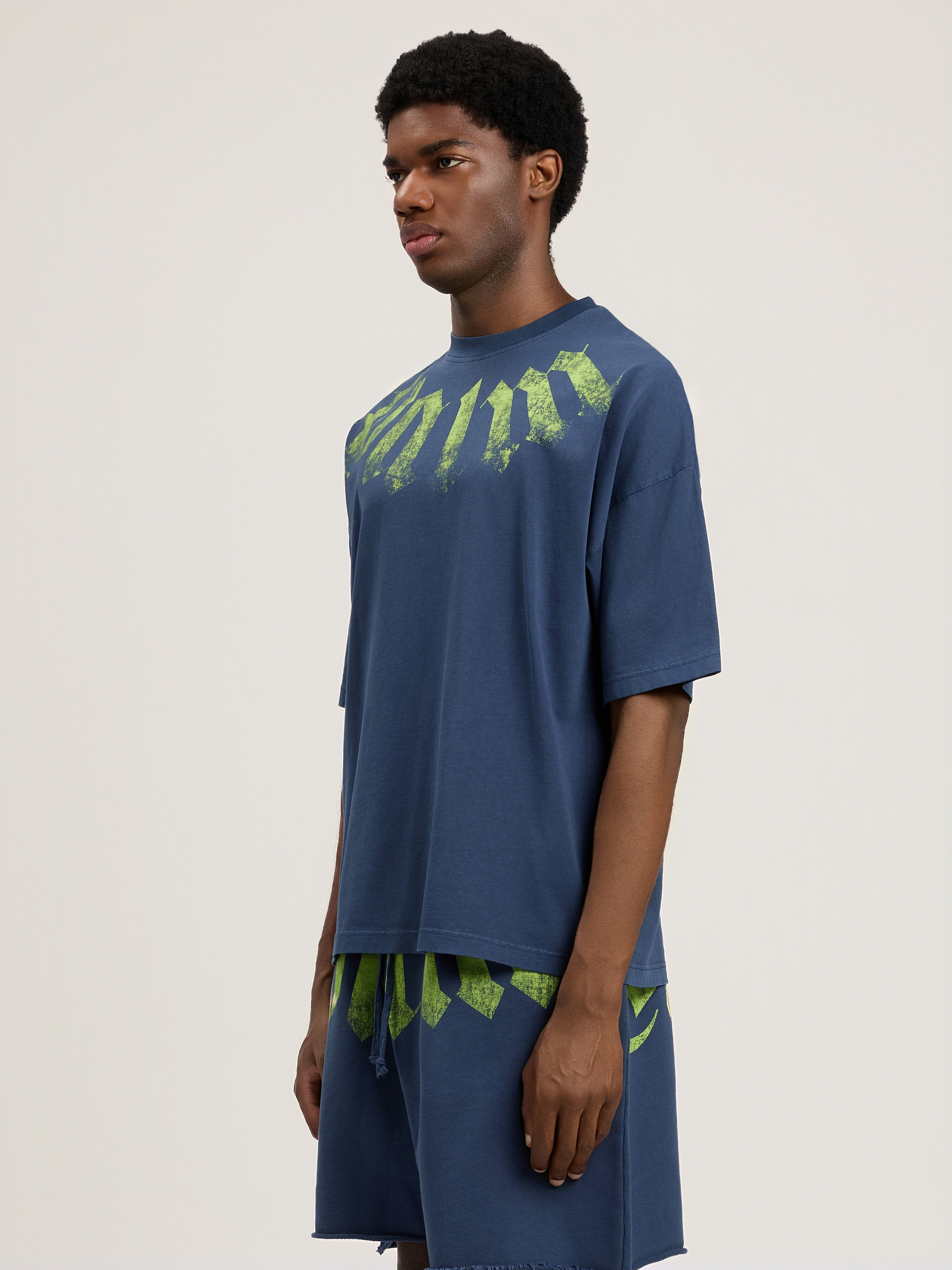PALM ANGELS Big Neck Logo Loose T-Shirt NAVY BLUE LIME PMAA10DS26JER002