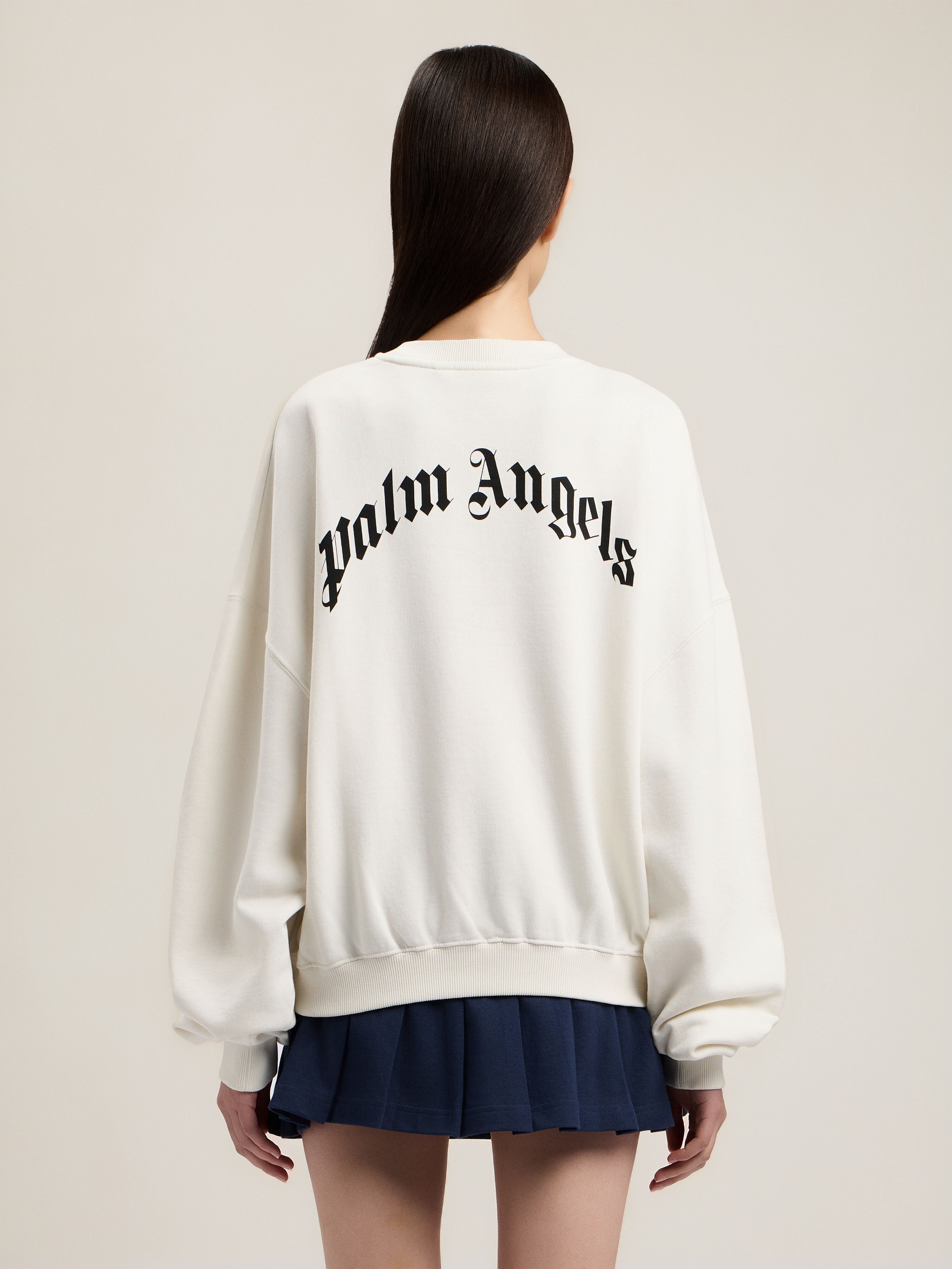 PALM ANGELS Curved Logo Loose Crop Sweatshirt OFF WHITE BLACK PWBA05DS26FLE001