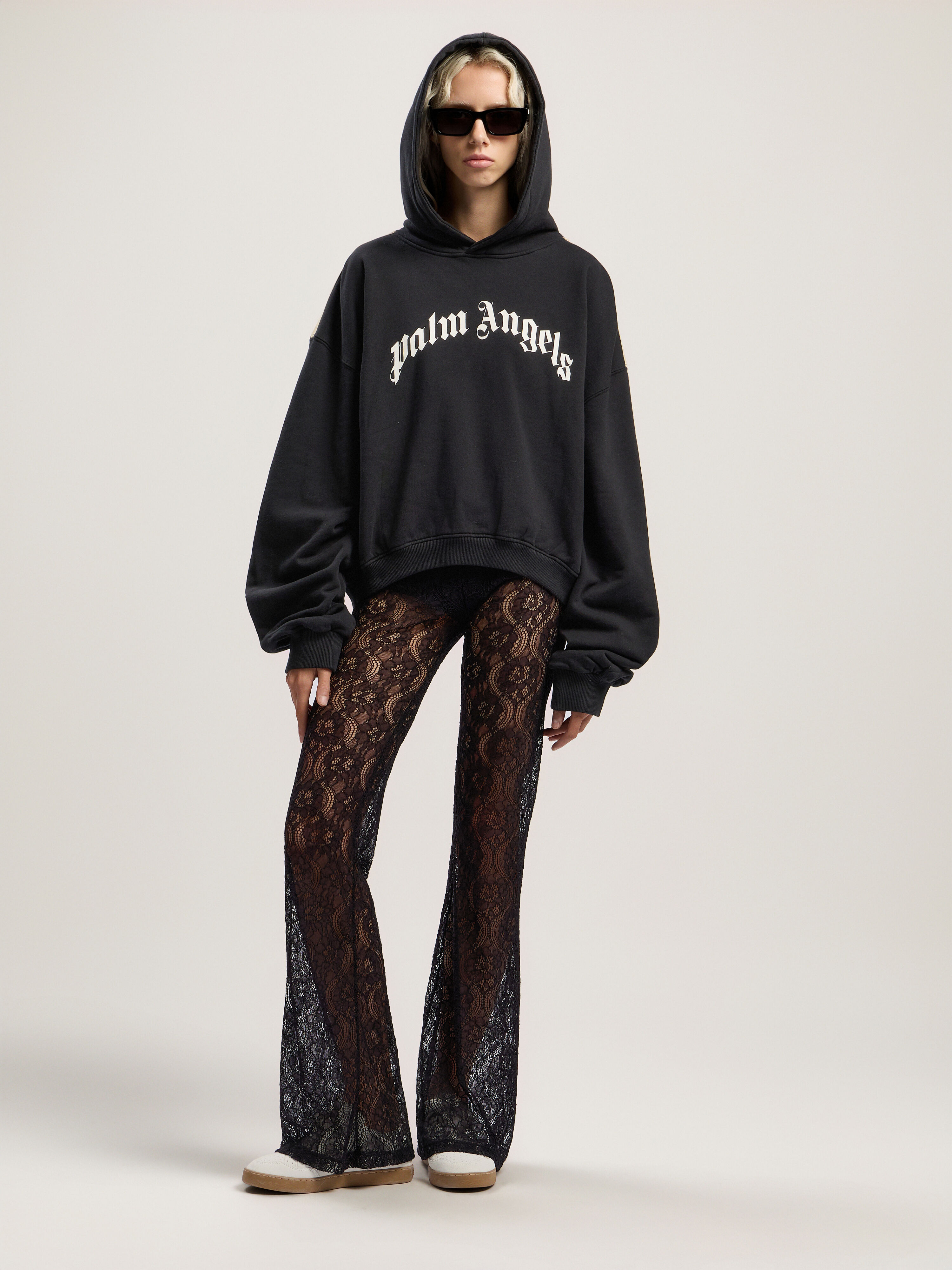 PALM ANGELS Curved Logo Track Crop Hoody BLACK - OFF WHITE PWBB076F25FLE006
