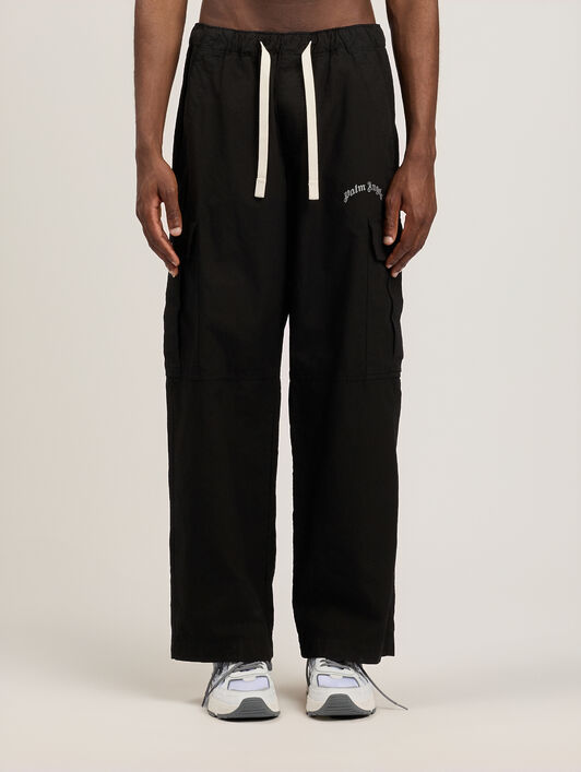 PALM ANGELS Curved Logo Loose Cargo Pants BLACK OFF WHITE PMCF037S26FAB001