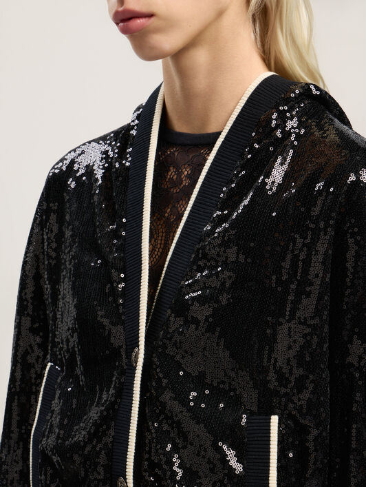 PALM ANGELS Curved Logo Sequin Crop Jacket BLACK - OFF WHITE PWEA129F25FAB001