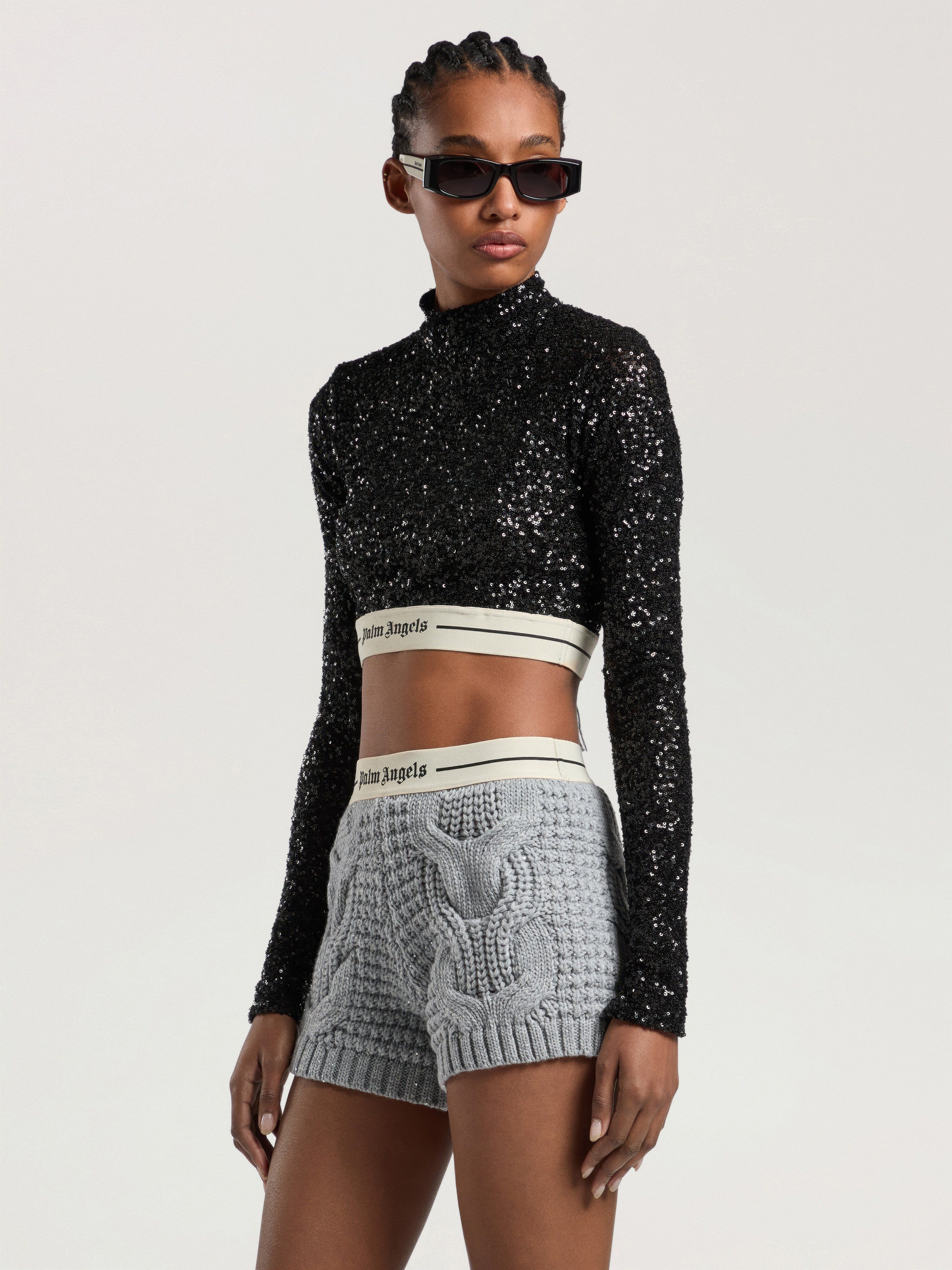 Logo Essential Sequins Top Long Sleeve PALM ANGELS Logo Essential Sequins Top Long Sleeve BLACK - CREAM PAWAF03W26FB01