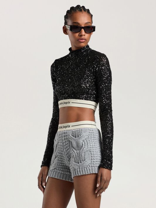 Logo Essential Sequins Top Long Sleeve PALM ANGELS Logo Essential Sequins Top Long Sleeve BLACK - CREAM PAWAF03W26FB01