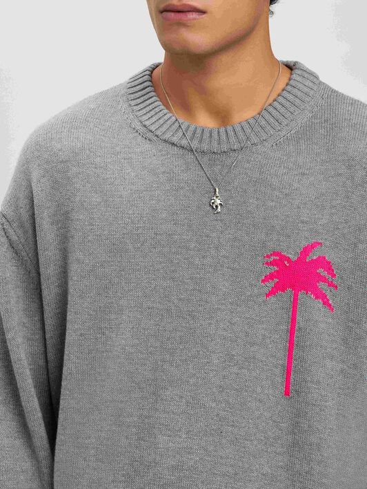 PALM ANGELS  Palm Inlay knit sweater GREY MELANGE - FUCHSIA PMHE080S25KNI001