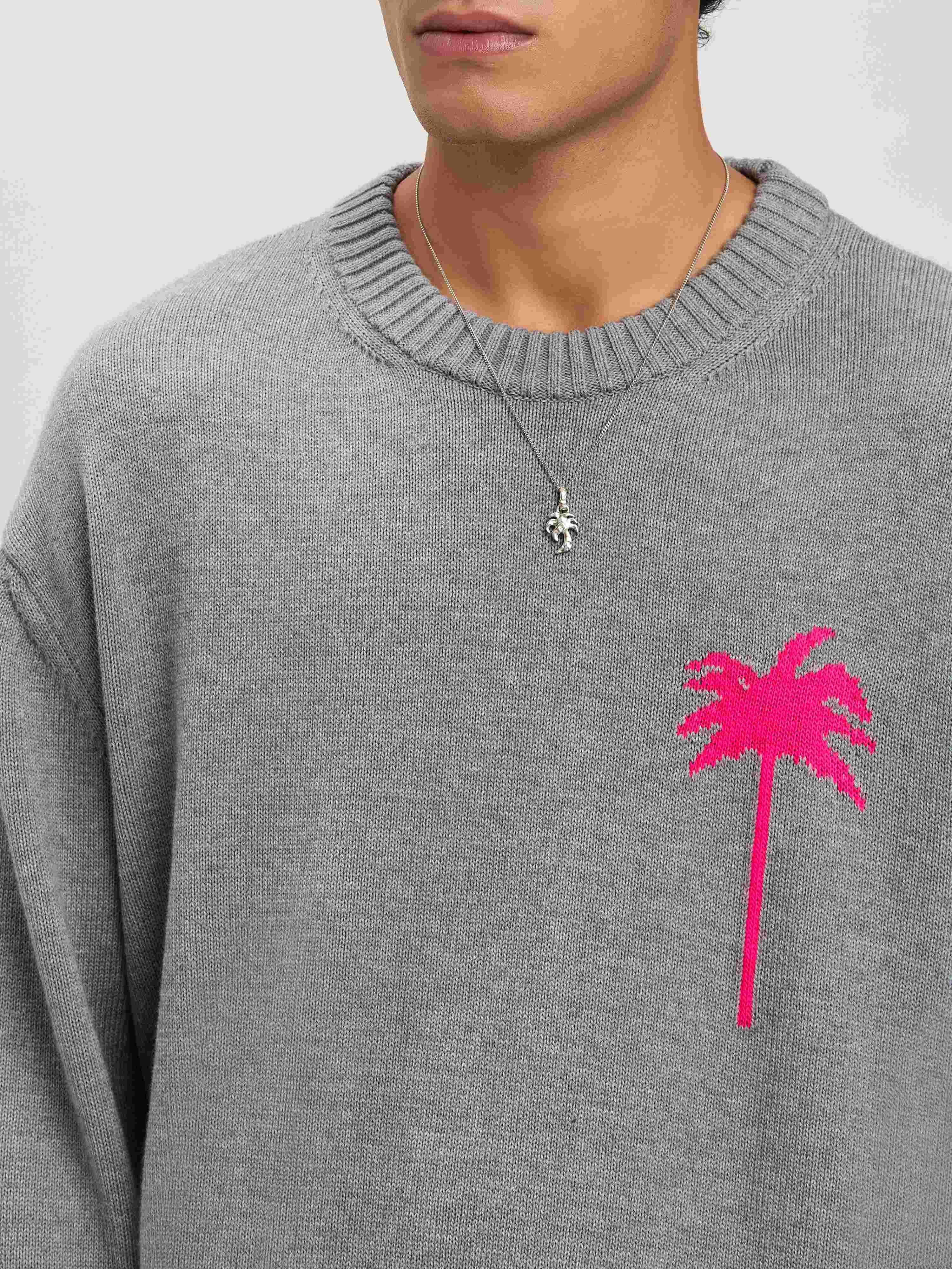 PALM ANGELS  Palm Inlay knit sweater GREY MELANGE - FUCHSIA PMHE080S25KNI001