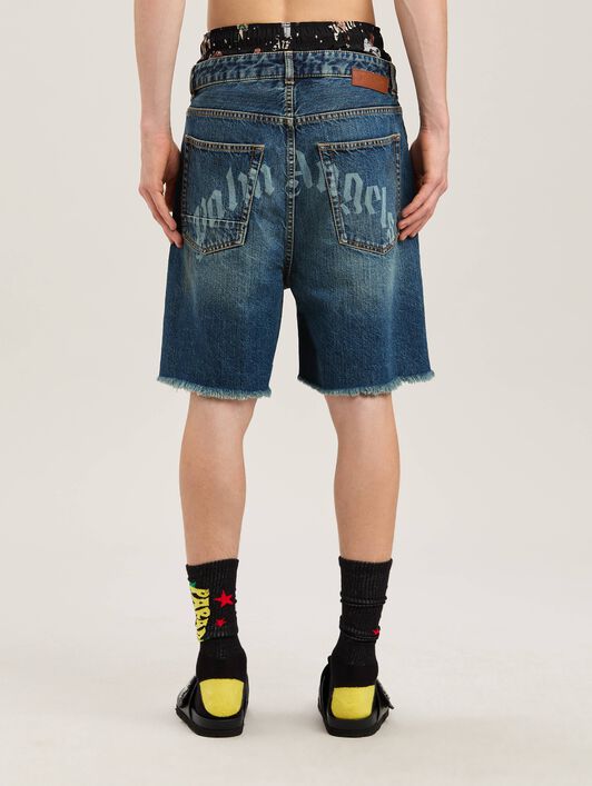 PALM ANGELS  Lasered Curved Logo denim shorts BLUE - LIGHT BLUE PMYC003S25DEN003