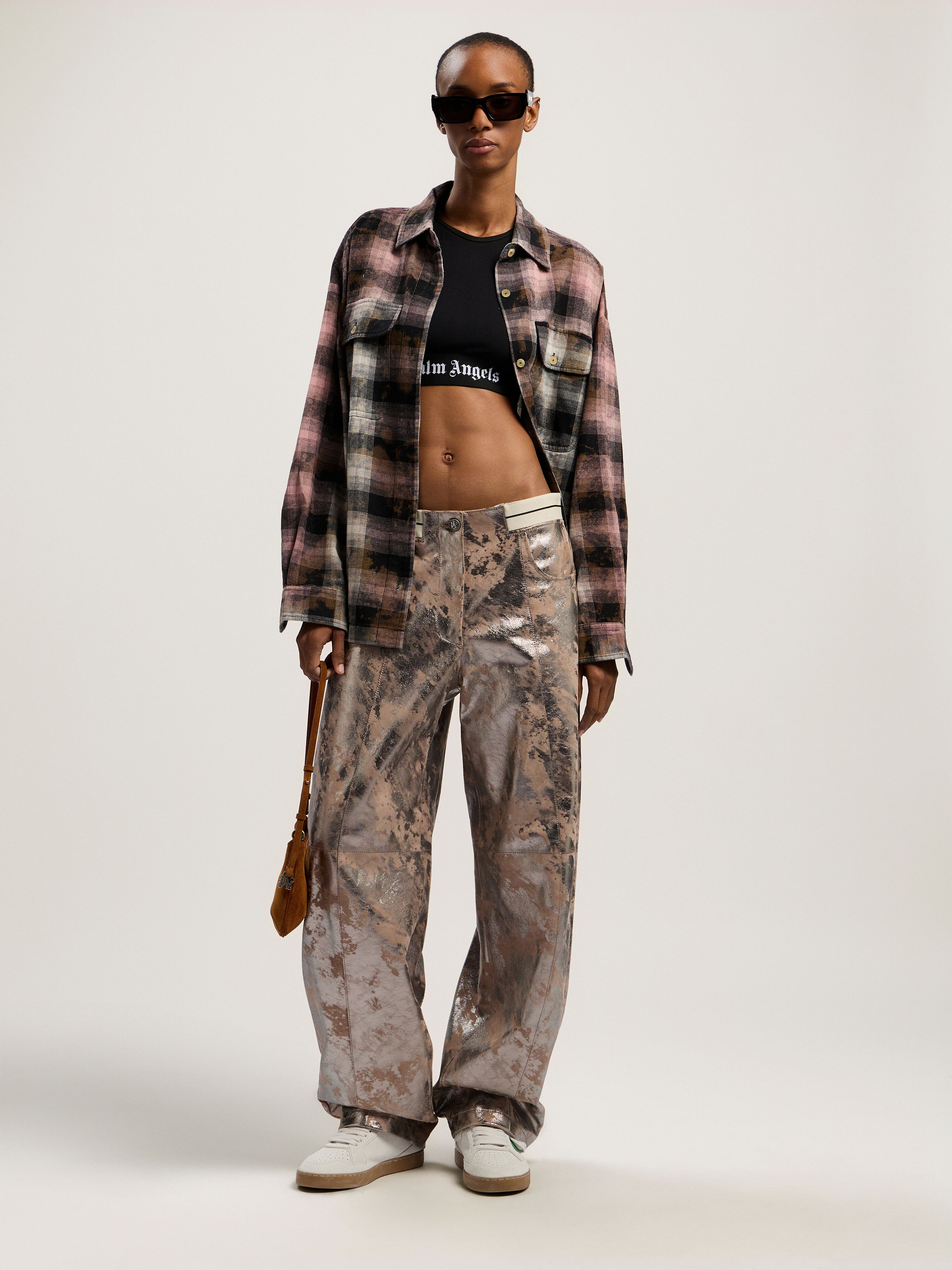 PALM ANGELS Laminated Leather Carrot Pant NUDE - SILVER PWJB027F25LEA001