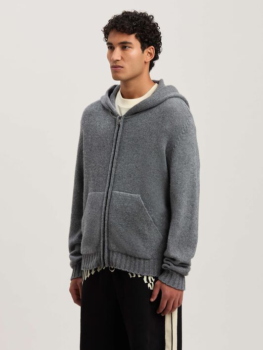 PALM ANGELS  Curved Logo knit hoodie GREY MELANGE - OFF WHITE PMHU023S25KNI001