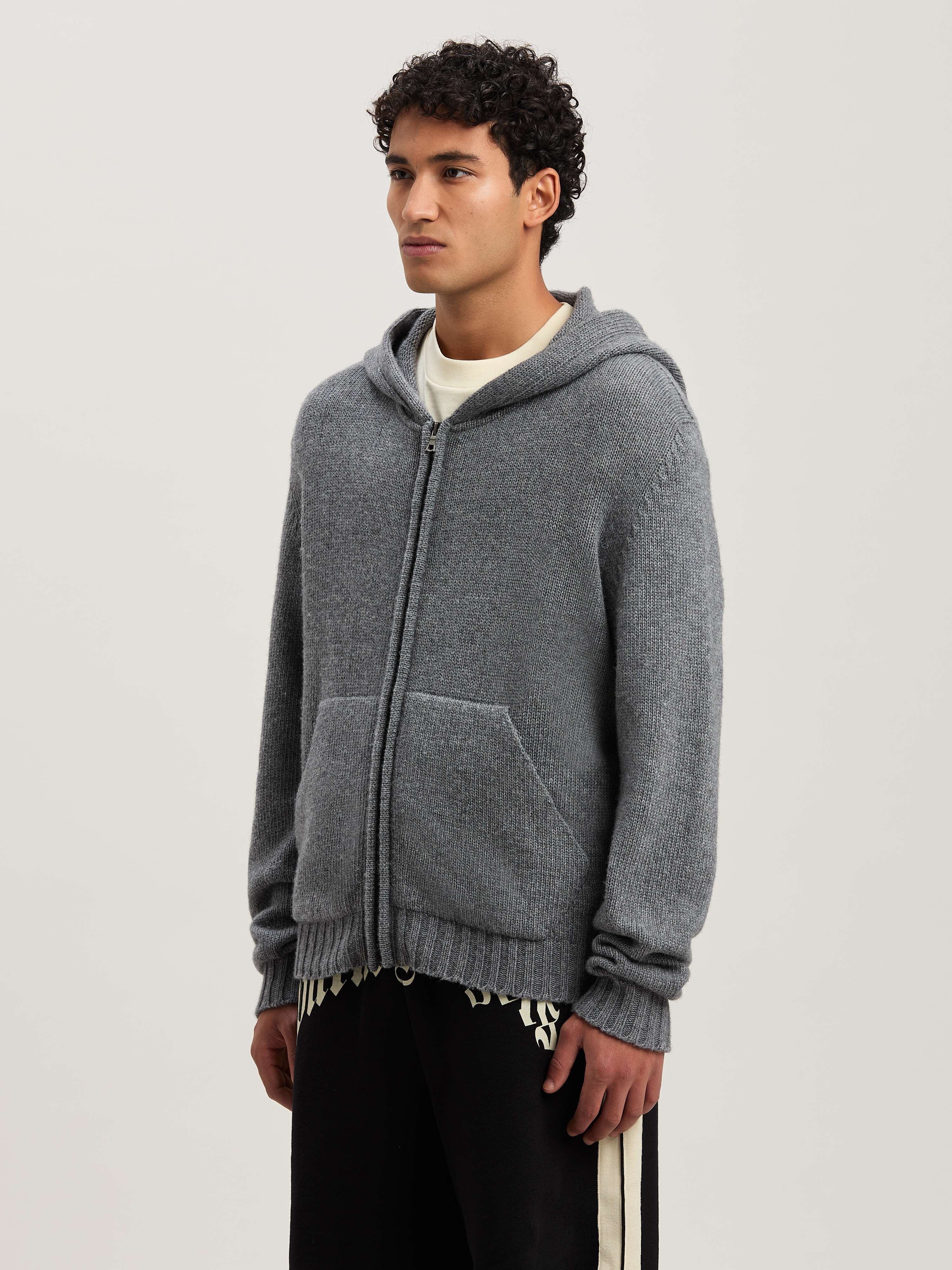 PALM ANGELS  Curved Logo knit hoodie GREY MELANGE - OFF WHITE PMHU023S25KNI001