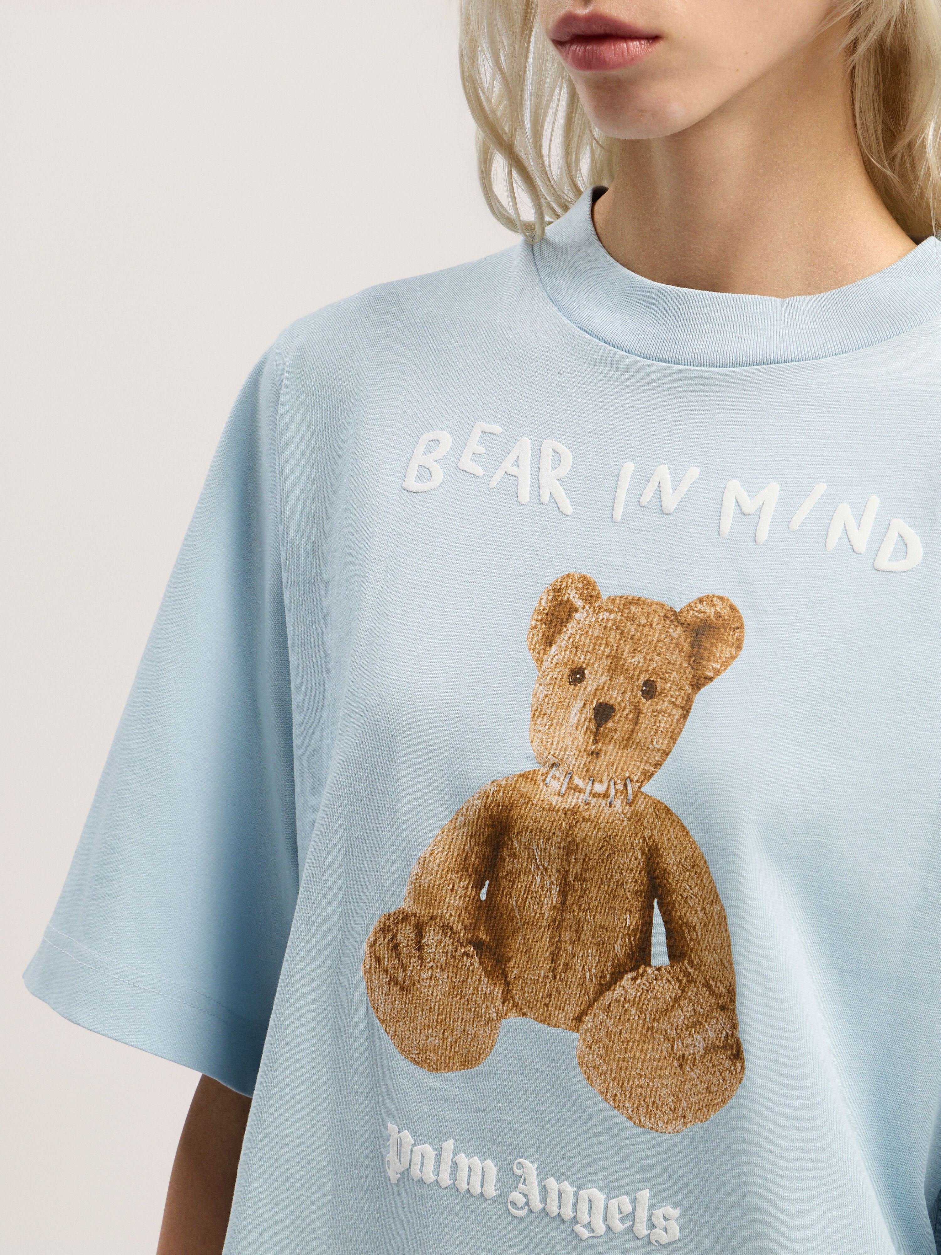 PALM ANGELS Bear In Mind Cropped Tee BABY BLUE - BROWN PWAA079F25JER002
