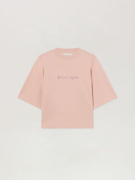 PALM ANGELS Rhinestone Logo Boxy T-Shirt ROSE PINK - OFF WHITE PAWAA03F26JR02