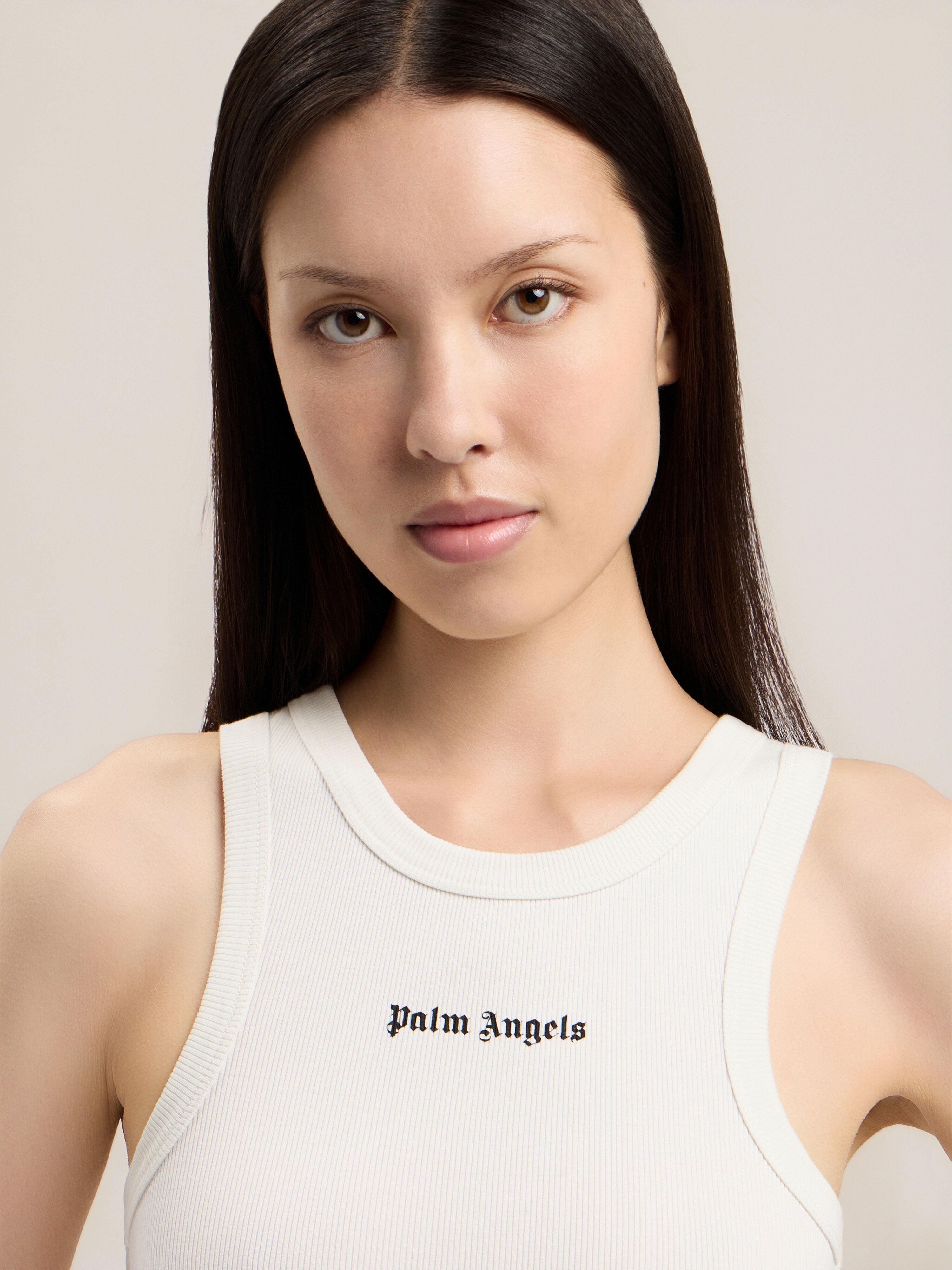 PALM ANGELS Classic Logo Fitted Tank Top OFF WHITE BLACK PWAC024S26JER001