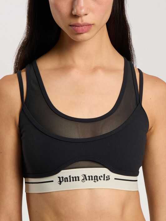 Logo Mesh Layer Sports Bra PALM ANGELS Logo Mesh Layer Sports Bra BLACK - CREAM PAWVO02F26FB01