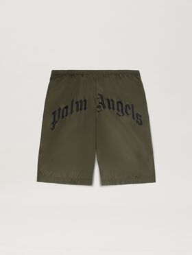 PALM ANGELS  BADESHORTS MIT GESCHWUNGENEM LOGO MILITARY GREEN - BLACK PMFD018S25FAB001