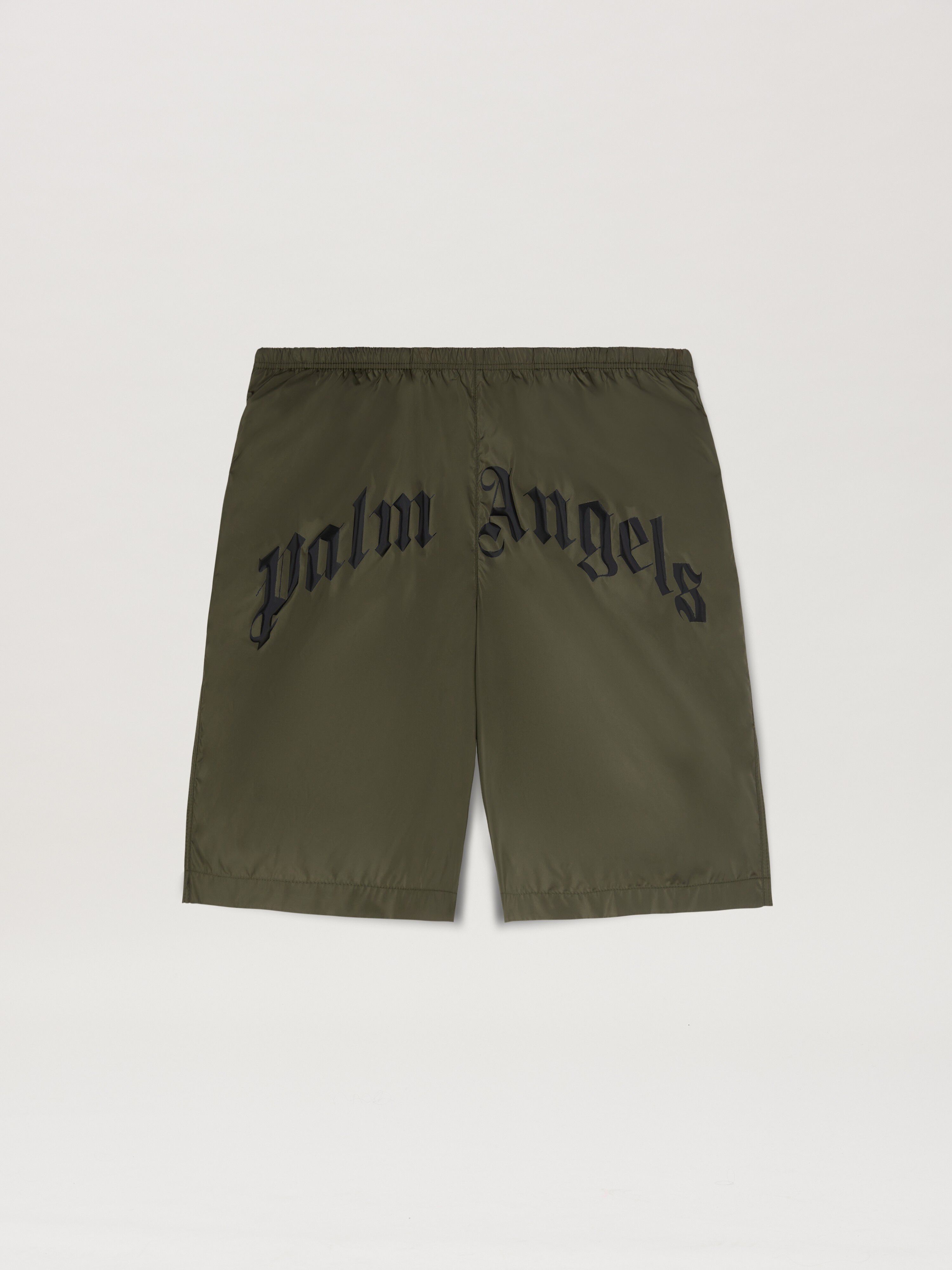PALM ANGELS  Curved logo Swim shorts MILITARY GREEN - BLACK PMFD018S25FAB001