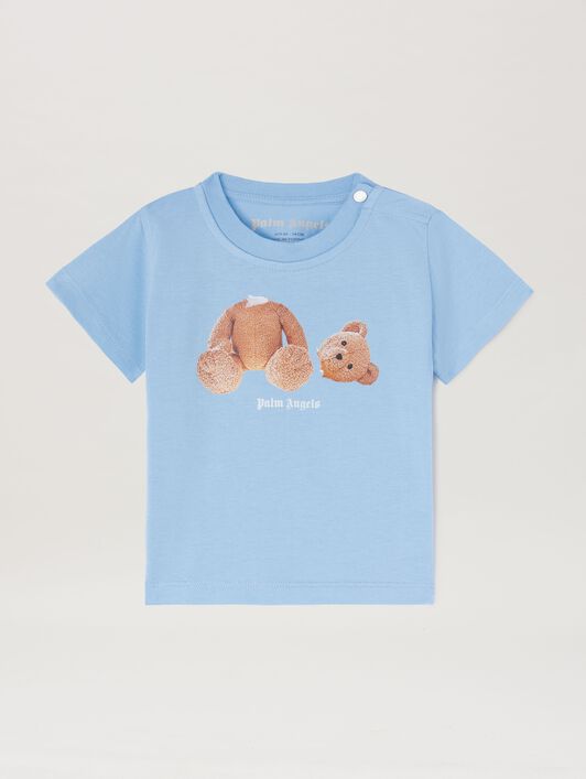 PALM ANGELS  T-SHIRT MIT BÄR LIGHT BLUE BROWN PBXB001S25JER002