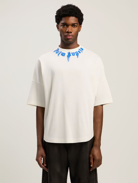 PALM ANGELS Curved Logo Over T-shirt OFF WHITE - COBALT BLUE PMAA10BF25JER006