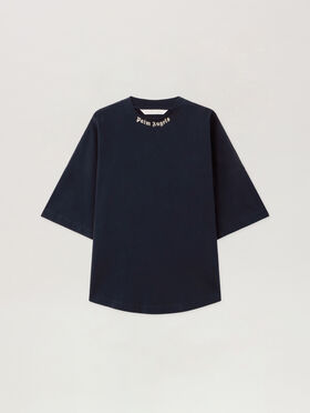 PALM ANGELS Curved Logo Collar Over Tee DARK BLUE - OFF WHITE PWAA07DF25JER001