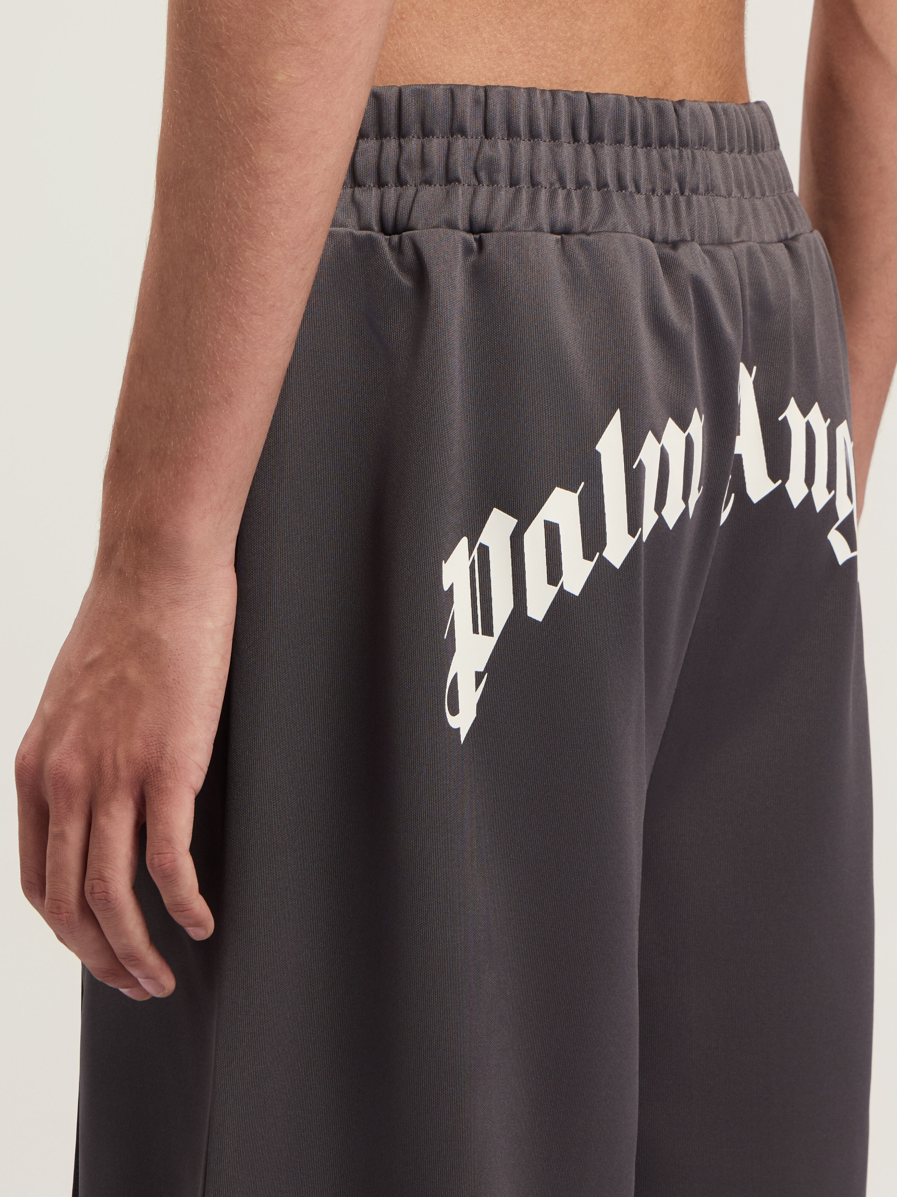PALM ANGELS Back Curved Logo Track Shorts DARK GREY - OFF WHITE PMCL00AF25FAB001