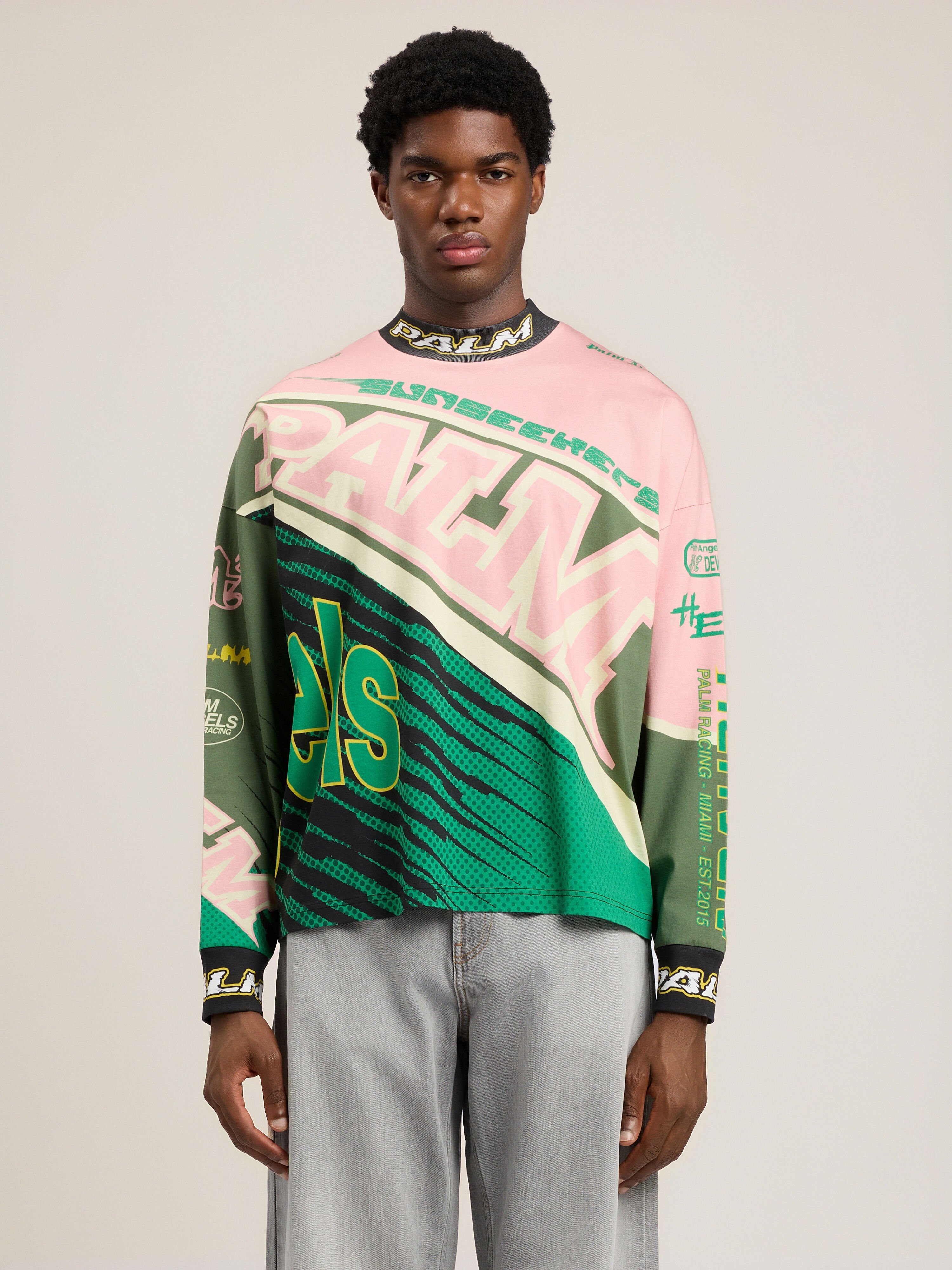 PALM ANGELS Racing Loose Long-Sleeved T-Shirt PINK GREEN PMAB05IS26JER001