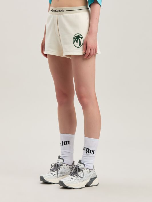 PALM ANGELS  Oval Palm Sweat Shorts OFF WHITE - FOREST GREEN PWCI014S25FLE001
