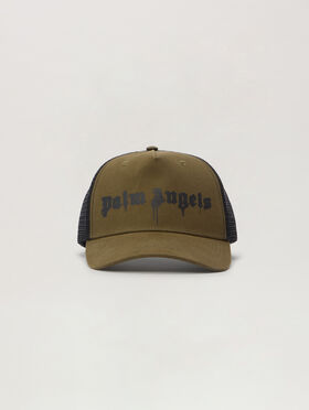 PALM ANGELS Spray Logo Trucker Cap ARMY GREEN - BLACK PMLB068F25FAB002