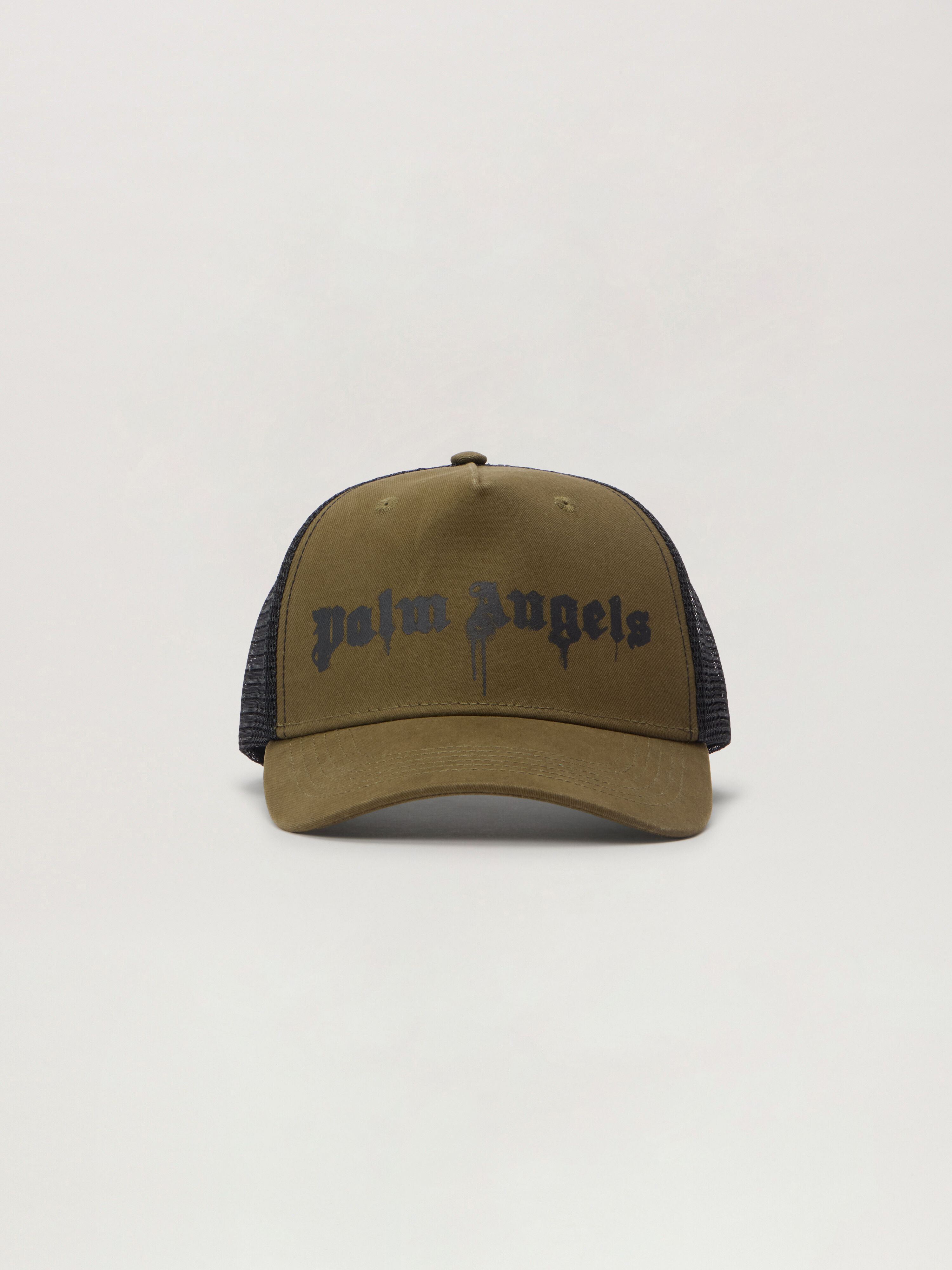 PALM ANGELS Spray Logo Trucker Cap ARMY GREEN - BLACK PMLB068F25FAB002